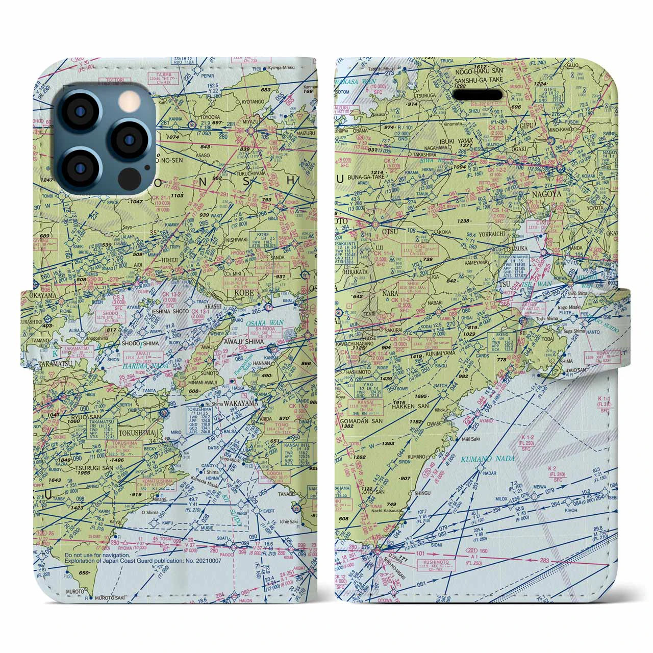 【名古屋航空図(愛知県)】航空図iPhoneケース(手帳タイプ)デイタイムフライト・iPhone 12 / 12 Pro 用