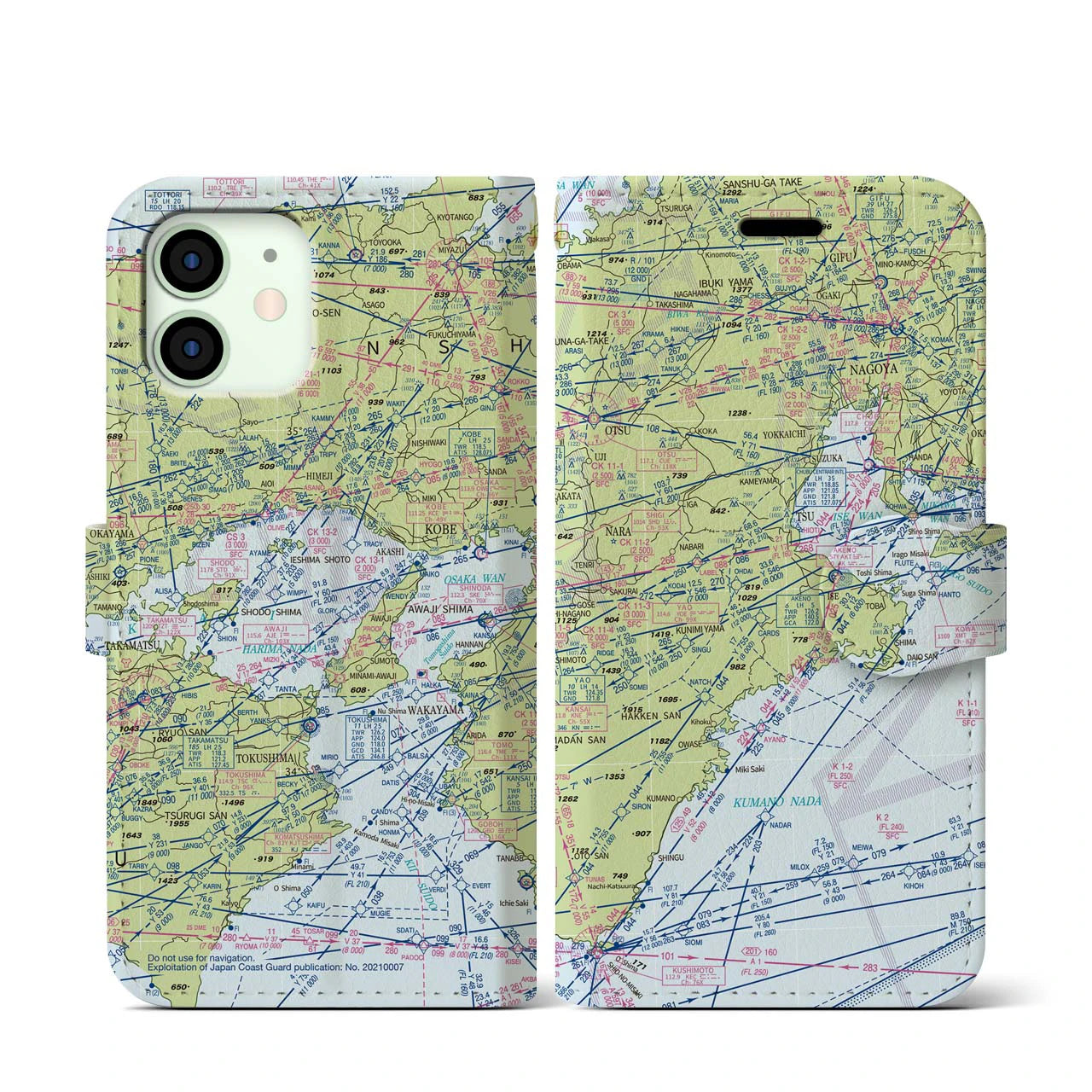 【名古屋航空図(愛知県)】航空図iPhoneケース(手帳タイプ)デイタイムフライト・iPhone 12 mini 用