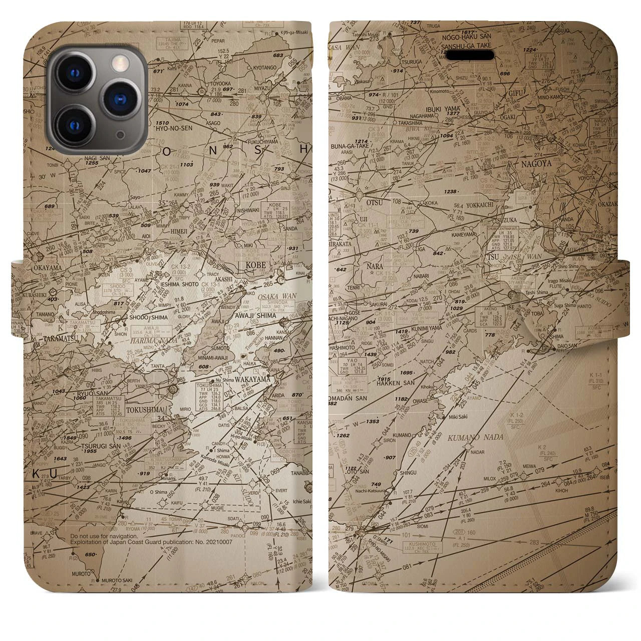 【名古屋航空図(愛知県)】航空図iPhoneケース(手帳タイプ)セピア・iPhone 11 Pro Max 用