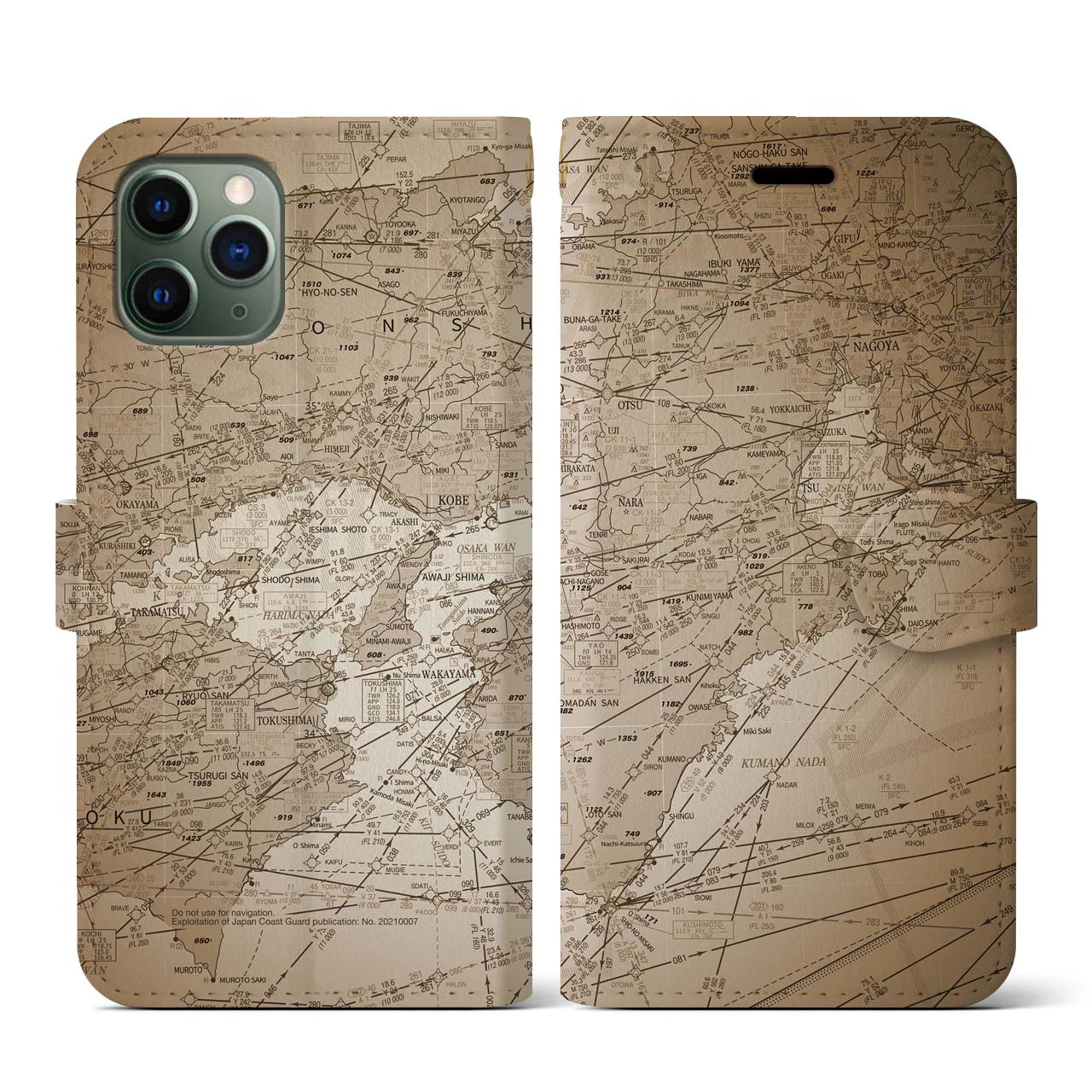【名古屋航空図(愛知県)】航空図iPhoneケース(手帳タイプ)セピア・iPhone 11 Pro 用
