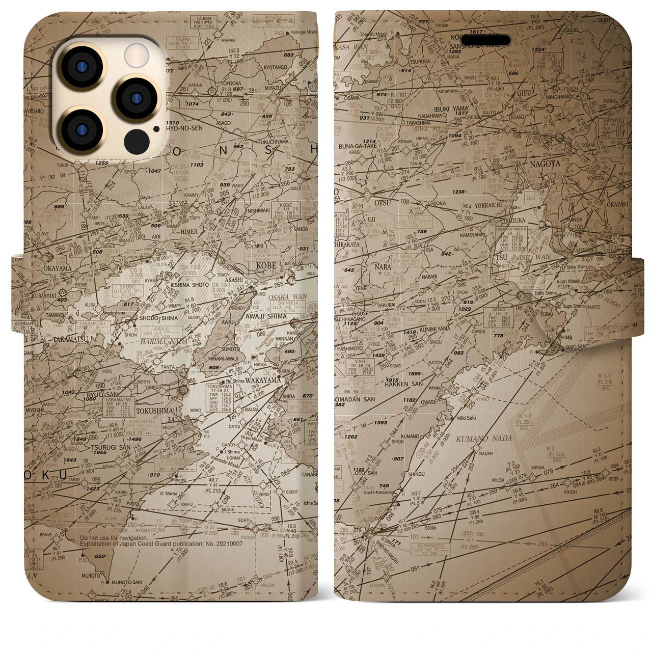 【名古屋航空図(愛知県)】航空図iPhoneケース(手帳タイプ)セピア・iPhone 12 Pro Max 用