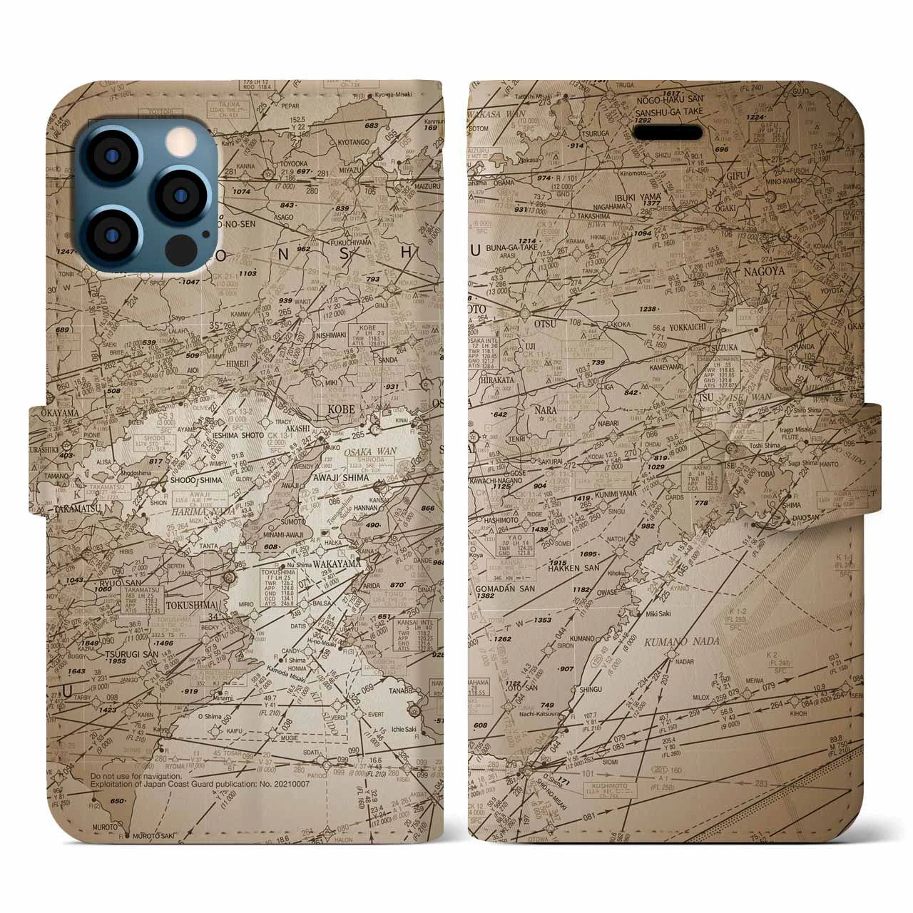 【名古屋航空図(愛知県)】航空図iPhoneケース(手帳タイプ)セピア・iPhone 12 / 12 Pro 用