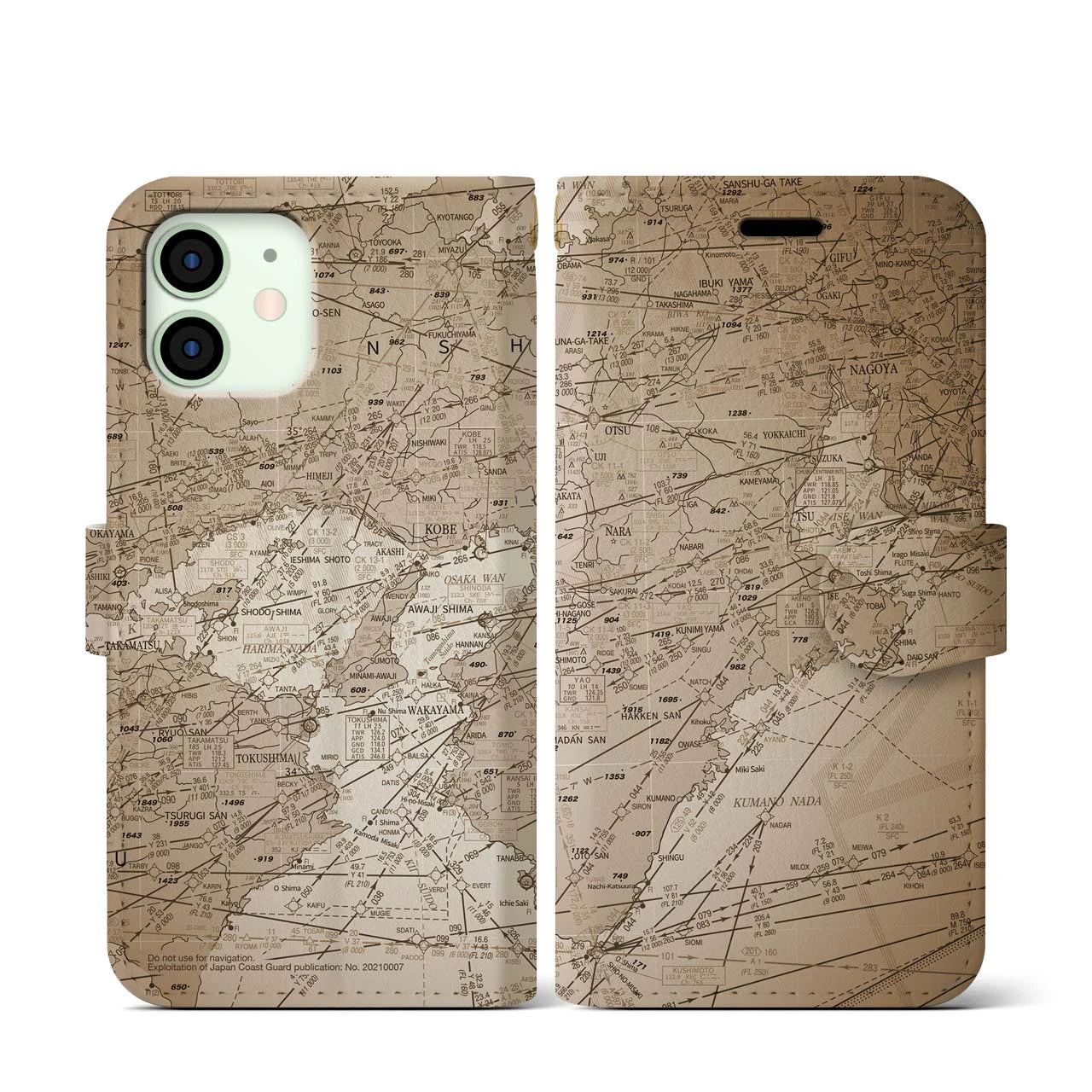 【名古屋航空図(愛知県)】航空図iPhoneケース(手帳タイプ)セピア・iPhone 12 mini 用