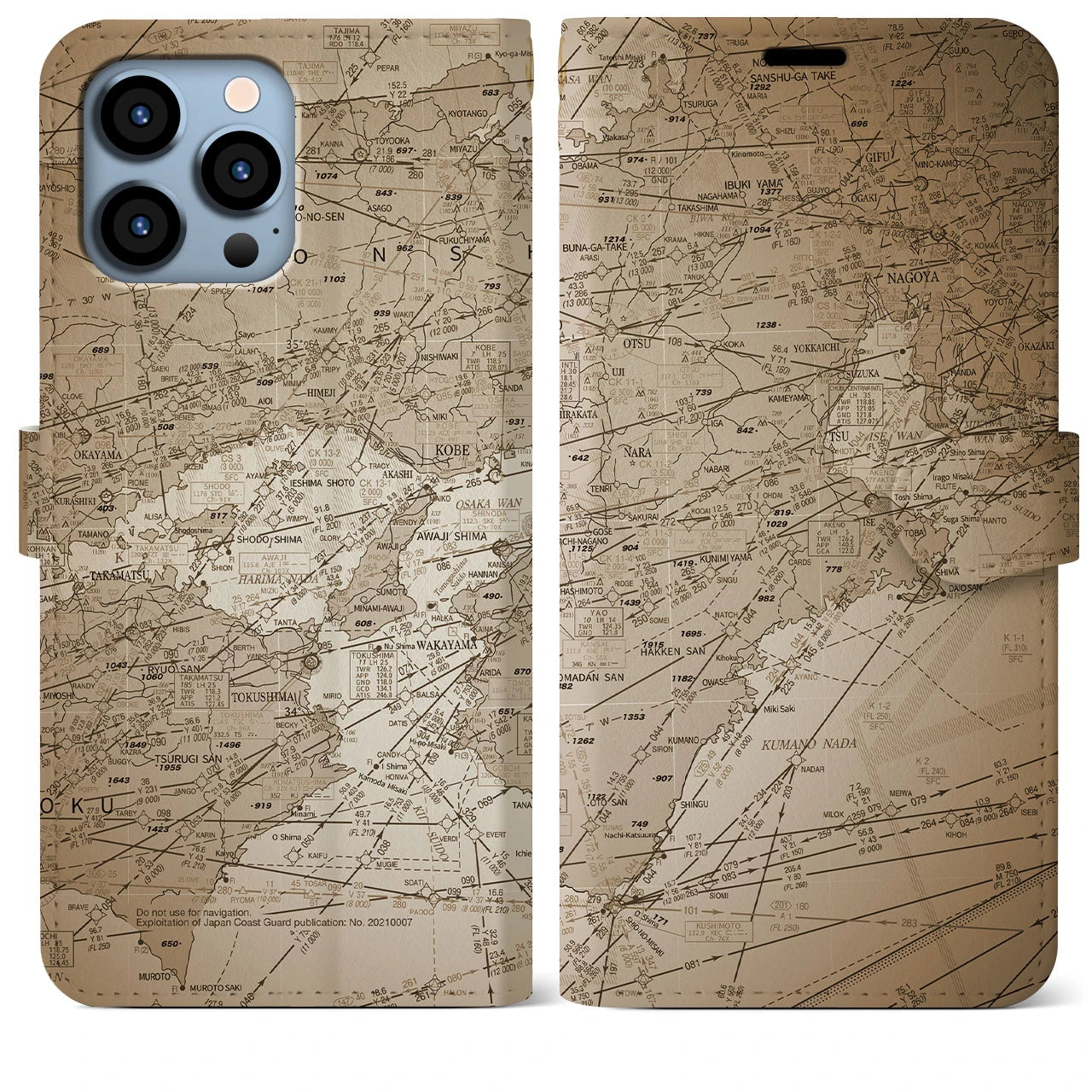 【名古屋航空図(愛知県)】航空図iPhoneケース(手帳タイプ)セピア・iPhone 13 Pro Max 用