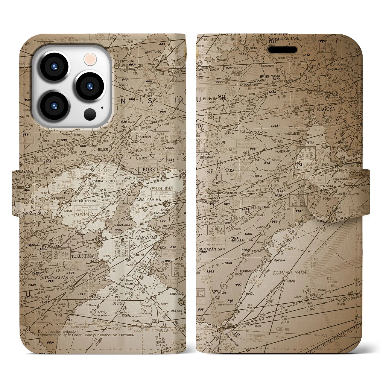 【名古屋航空図(愛知県)】航空図iPhoneケース(手帳タイプ)セピア・iPhone 13 Pro 用