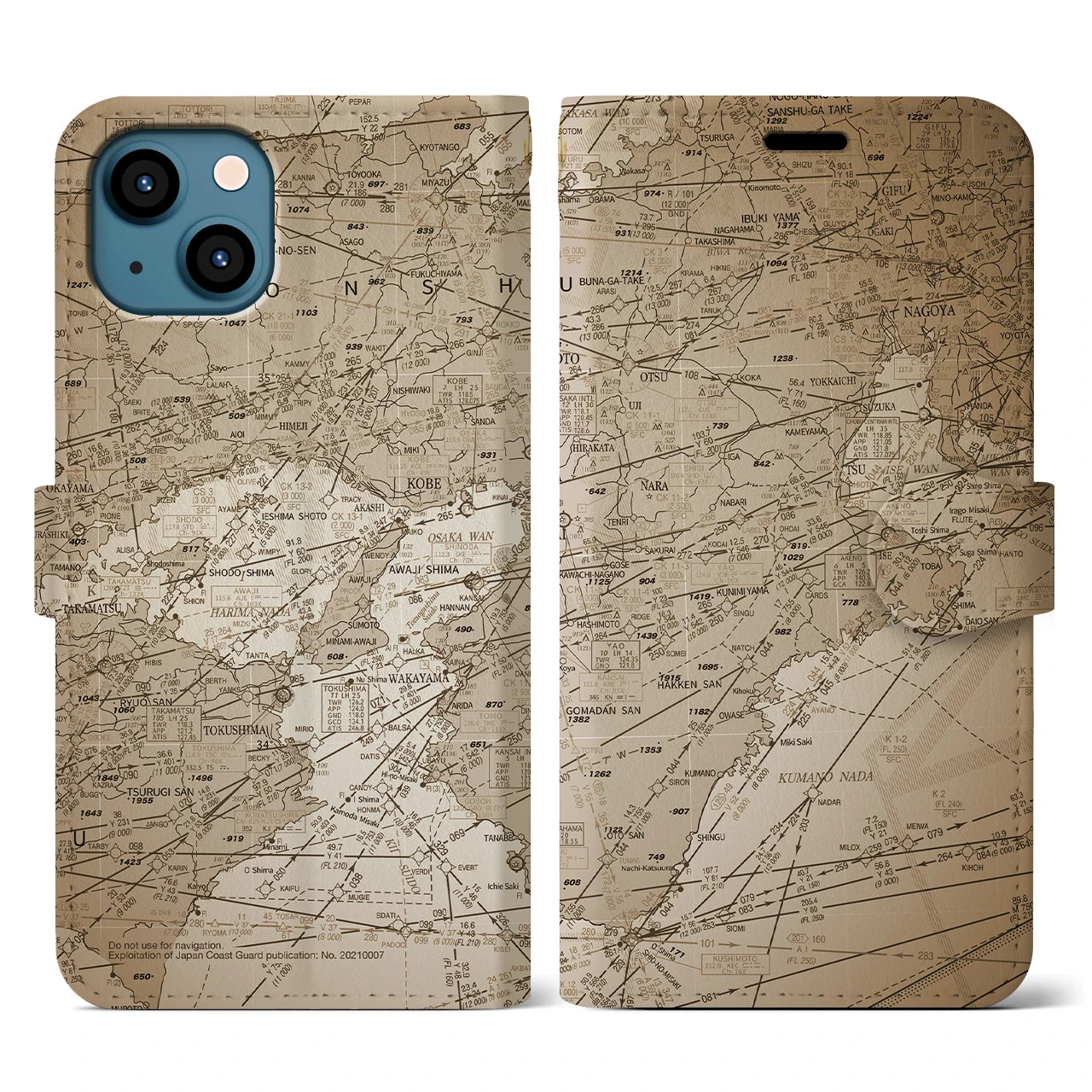 【名古屋航空図(愛知県)】航空図iPhoneケース(手帳タイプ)セピア・iPhone 13 用