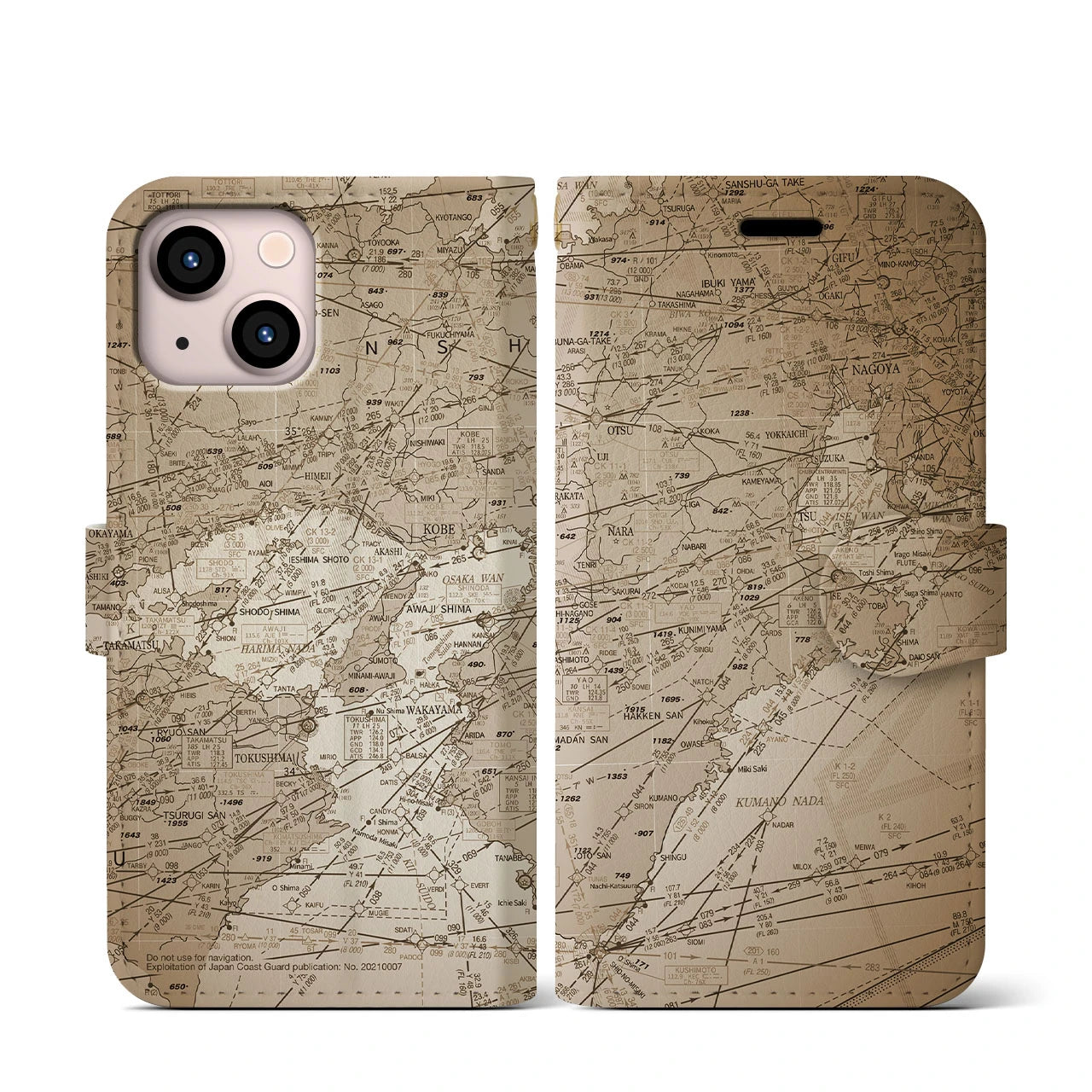 【名古屋航空図(愛知県)】航空図iPhoneケース(手帳タイプ)セピア・iPhone 13 mini 用
