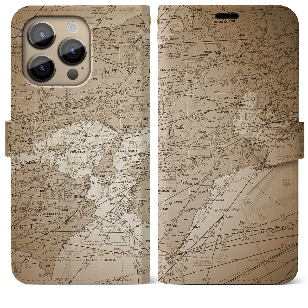 【名古屋航空図(愛知県)】航空図iPhoneケース(手帳タイプ)セピア・iPhone 14 Pro Max 用
