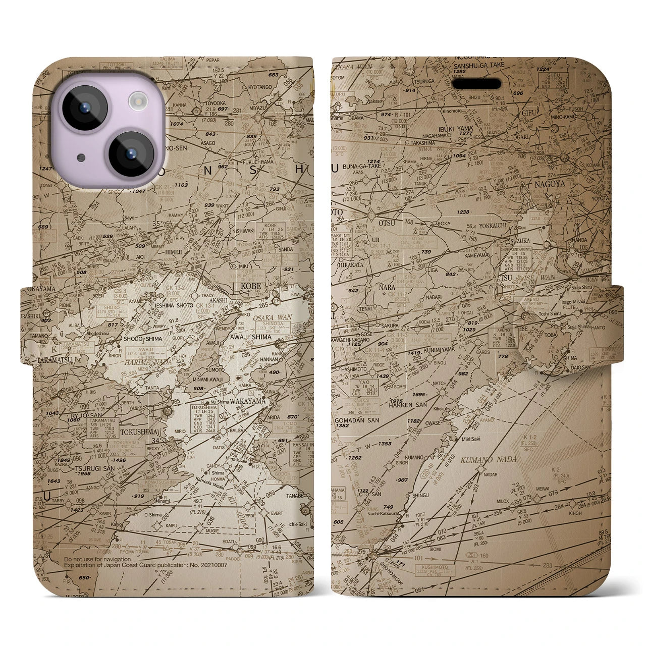 【名古屋航空図(愛知県)】航空図iPhoneケース(手帳タイプ)セピア・iPhone 14 用