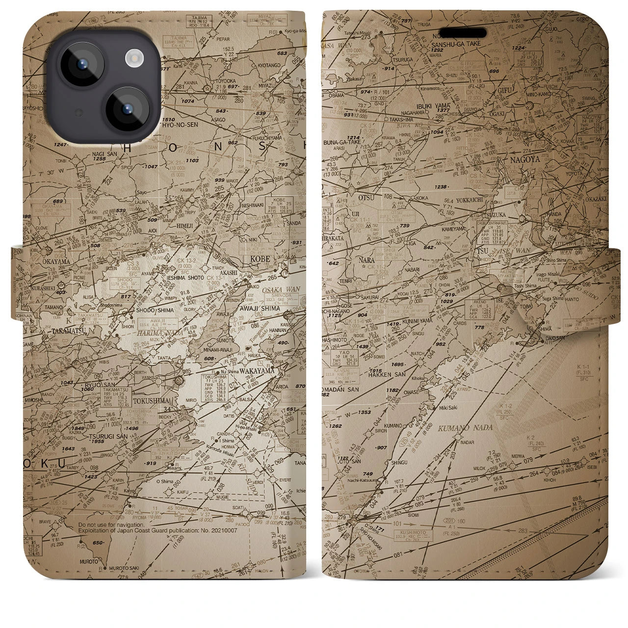 【名古屋航空図(愛知県)】航空図iPhoneケース(手帳タイプ)セピア・iPhone 14 Plus 用
