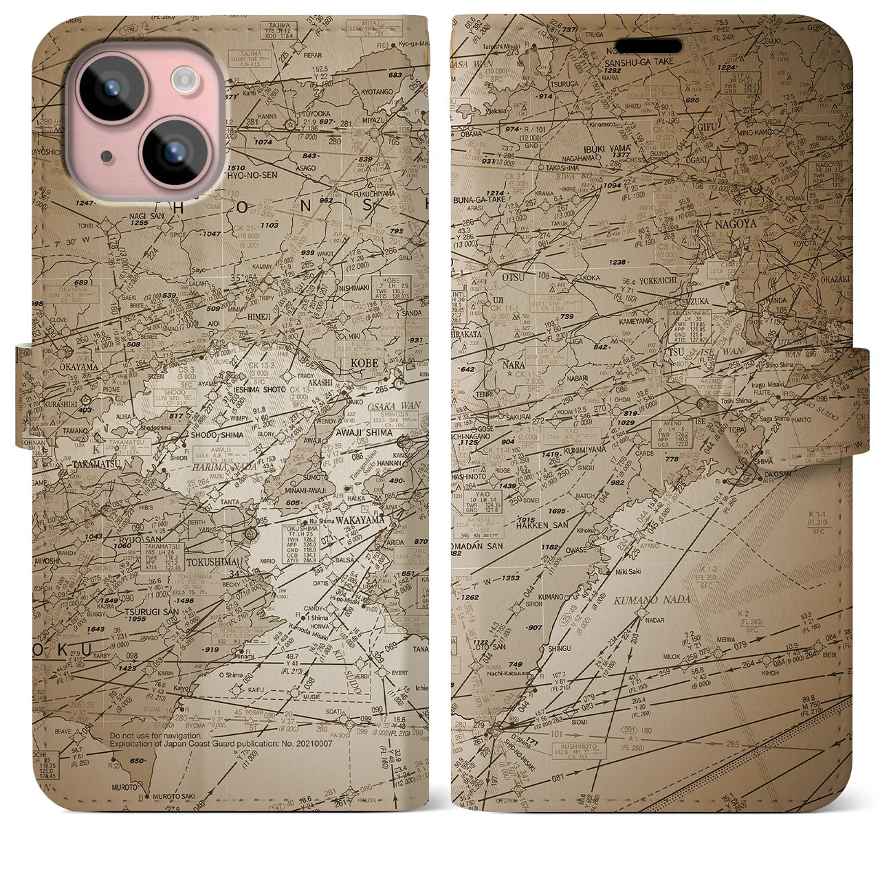 【名古屋航空図(愛知県)】航空図iPhoneケース(手帳タイプ)セピア・iPhone 15 Plus 用