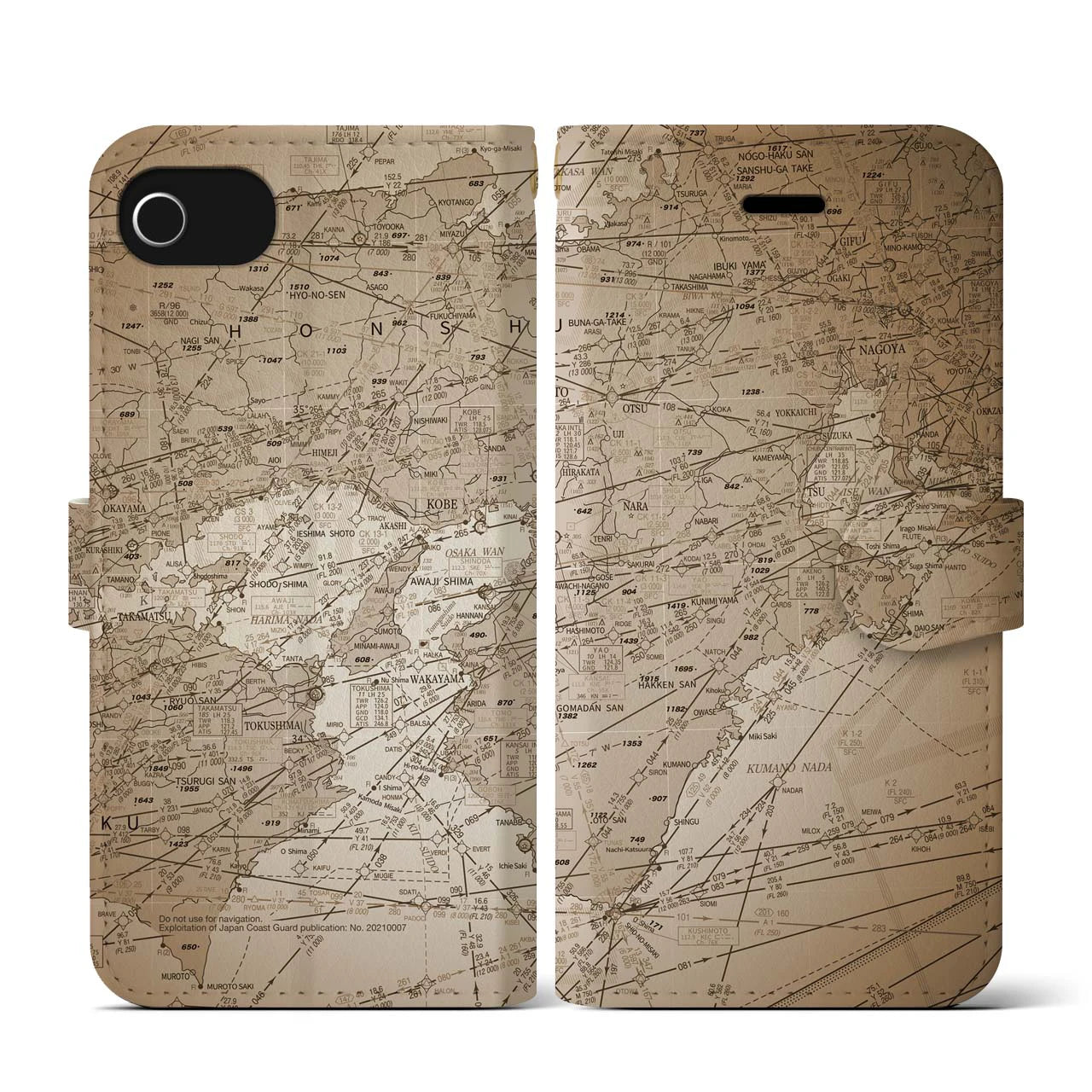 【名古屋航空図(愛知県)】航空図iPhoneケース(手帳タイプ)セピア・iPhone SE(第3 / 第2世代) / 8 / 7 / 6s / 6 用