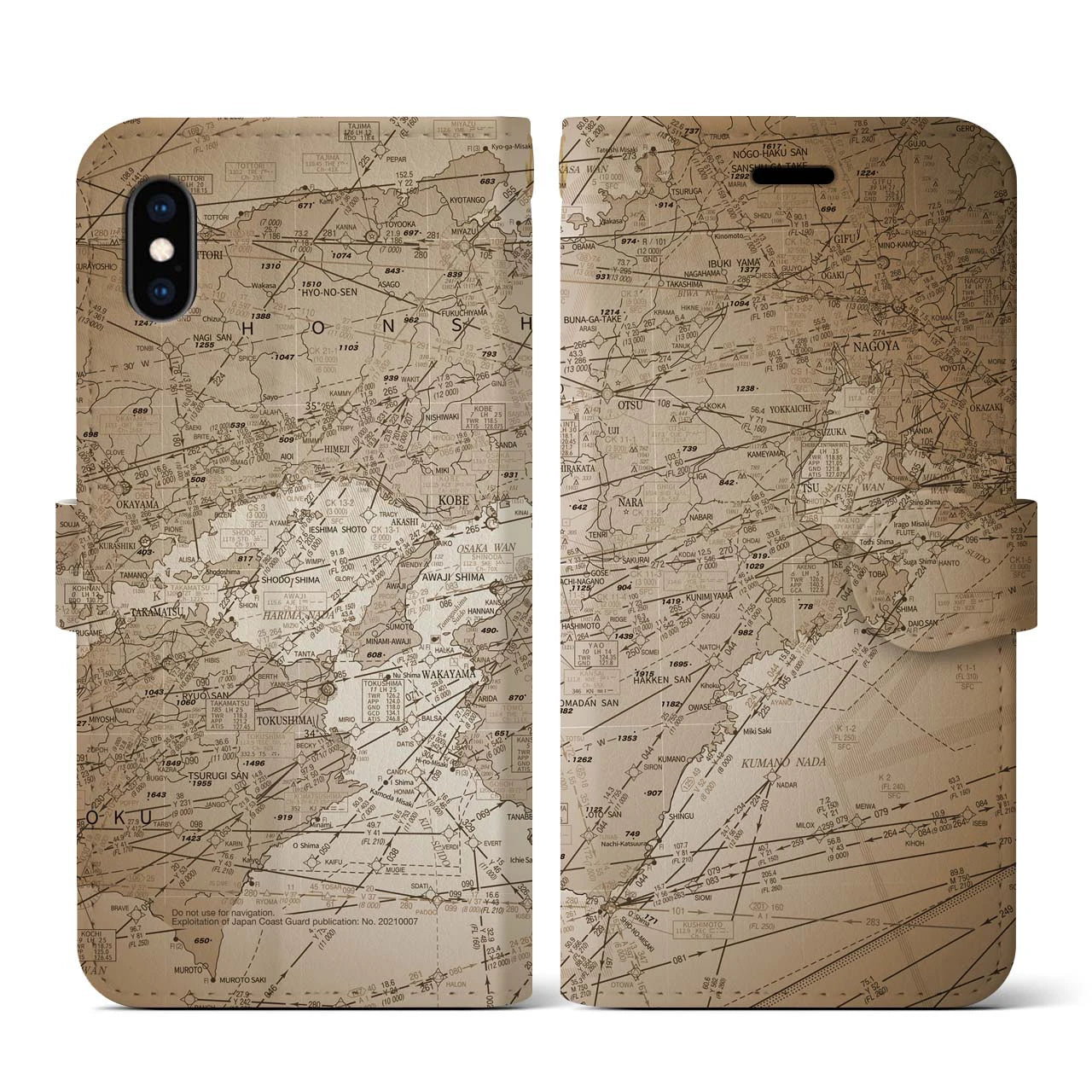 【名古屋航空図(愛知県)】航空図iPhoneケース(手帳タイプ)セピア・iPhone XS / X 用