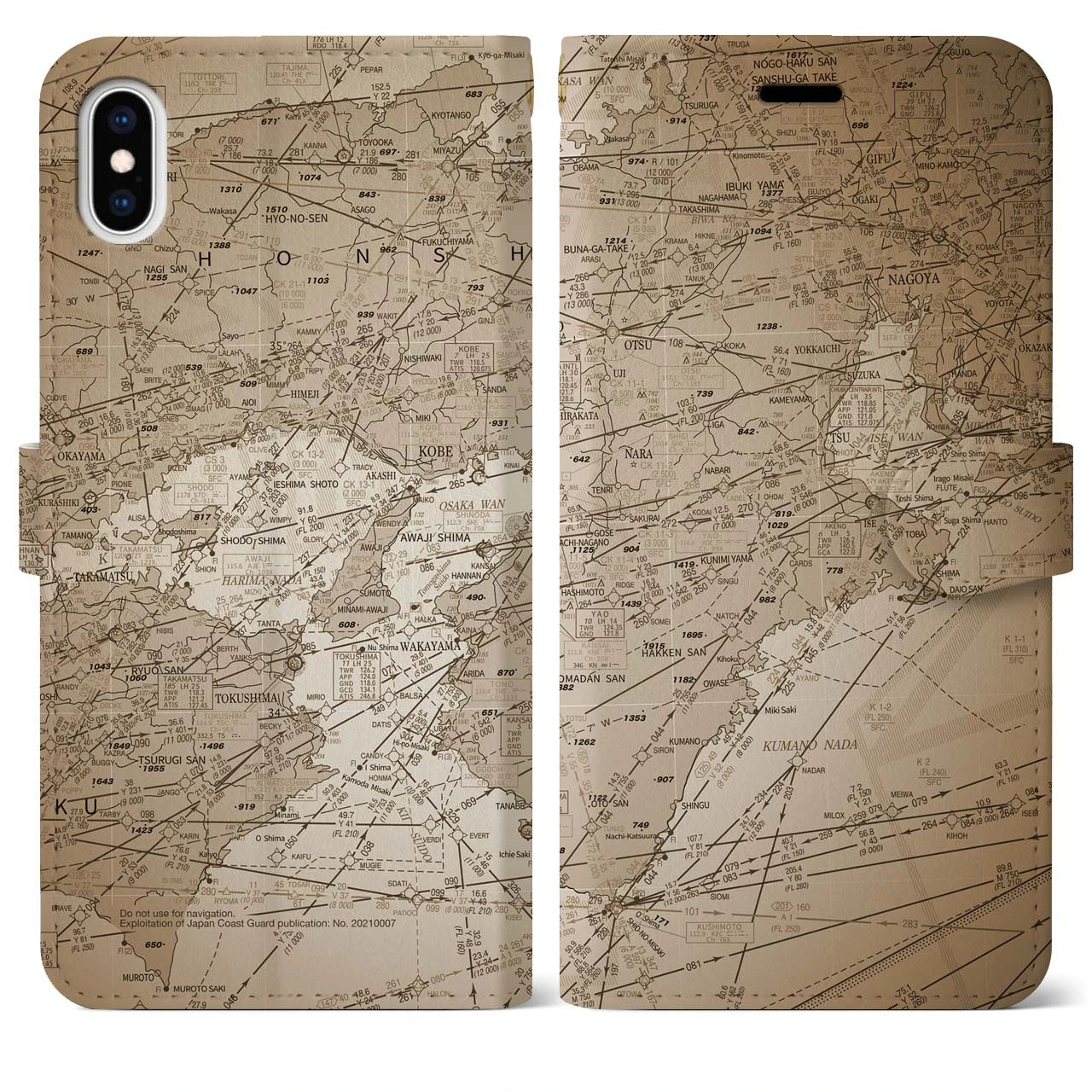 【名古屋航空図(愛知県)】航空図iPhoneケース(手帳タイプ)セピア・iPhone XS Max 用