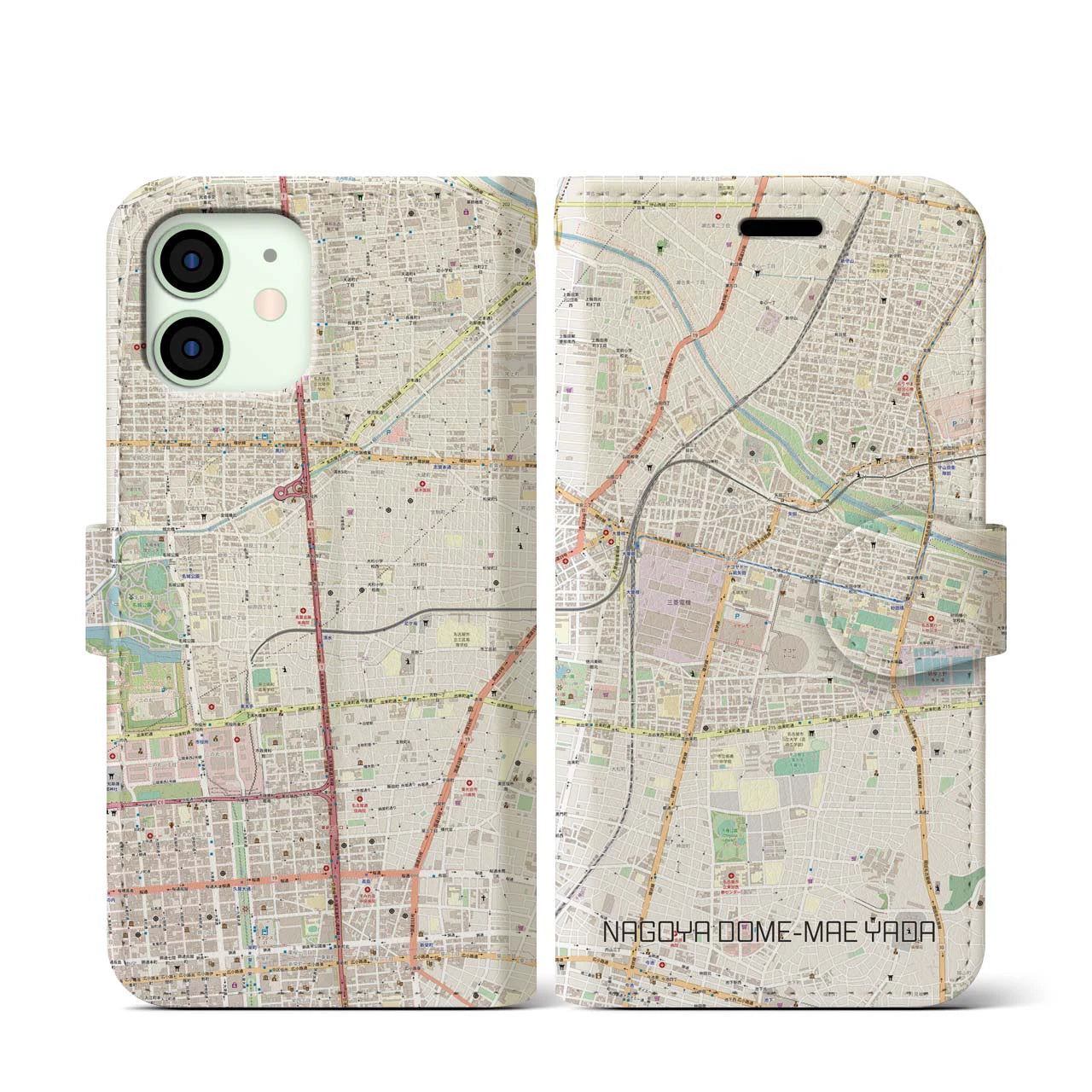 【ナゴヤドーム前矢田(愛知県)】地図柄iPhoneケース(手帳タイプ)ナチュラル・iPhone 12 mini 用
