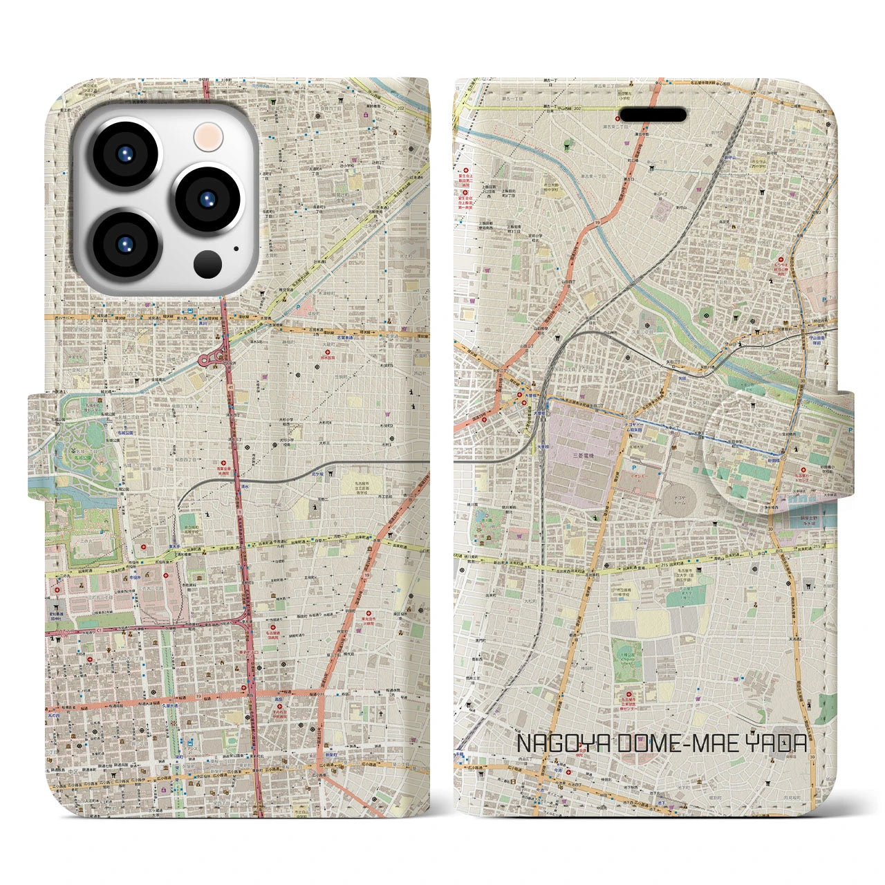 【ナゴヤドーム前矢田(愛知県)】地図柄iPhoneケース(手帳タイプ)ナチュラル・iPhone 13 Pro 用