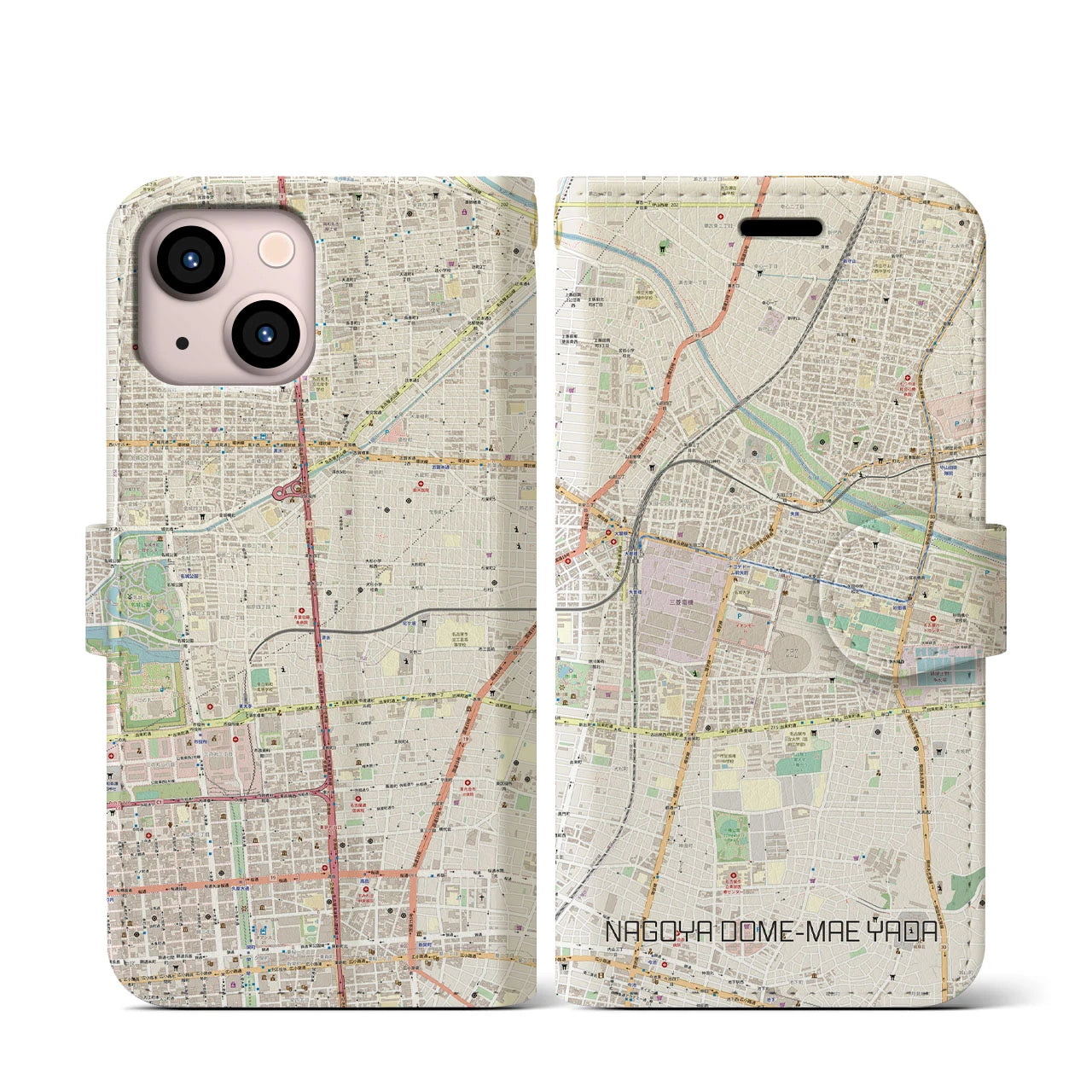 【ナゴヤドーム前矢田(愛知県)】地図柄iPhoneケース(手帳タイプ)ナチュラル・iPhone 13 mini 用