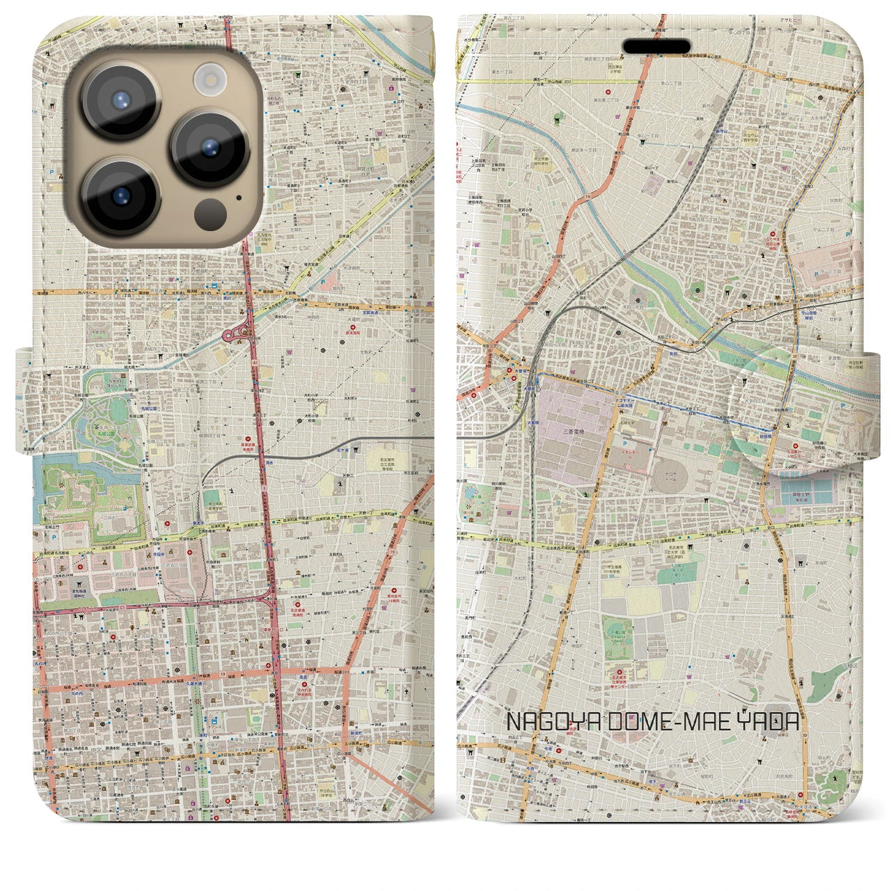 【ナゴヤドーム前矢田(愛知県)】地図柄iPhoneケース(手帳タイプ)ナチュラル・iPhone 14 Pro Max 用