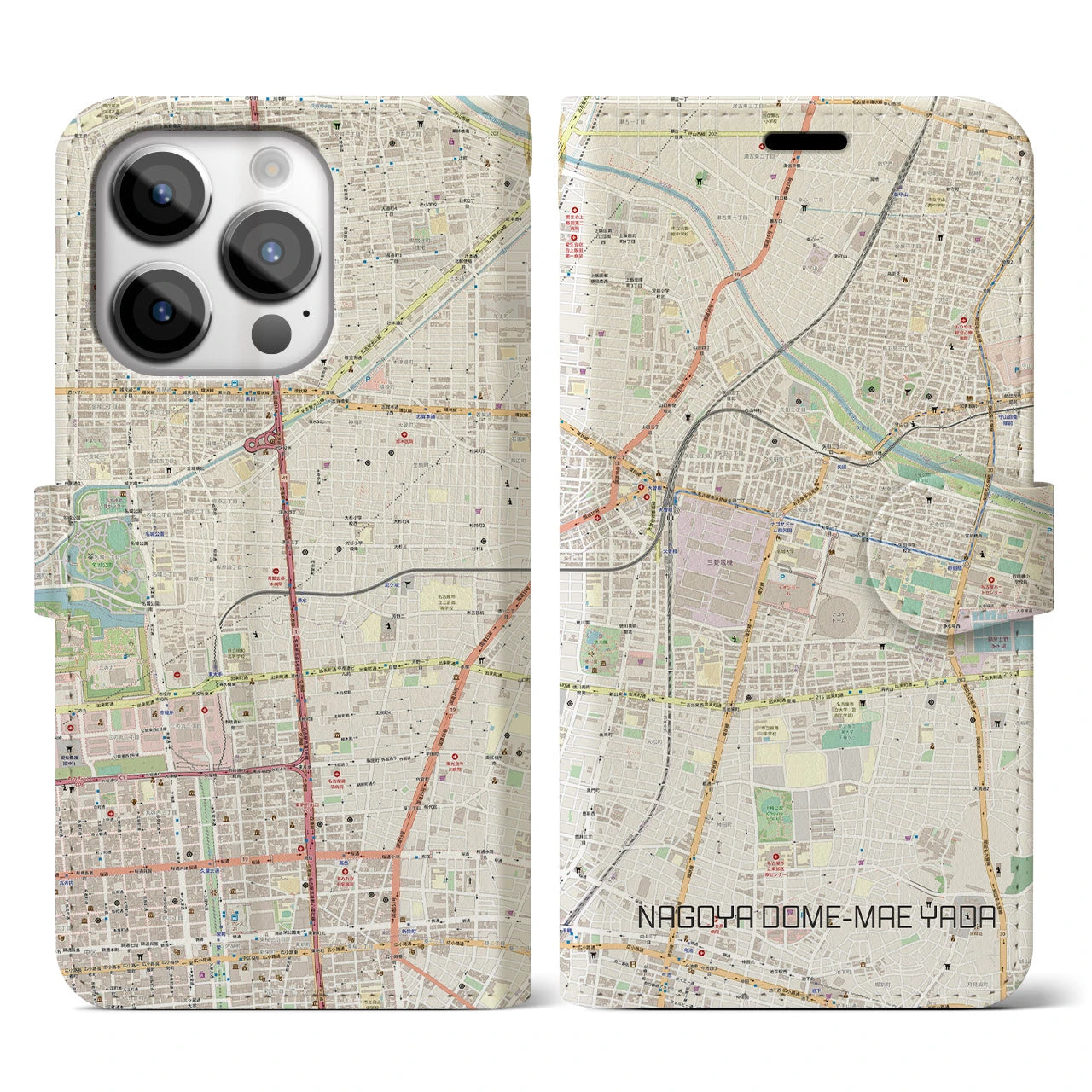 【ナゴヤドーム前矢田(愛知県)】地図柄iPhoneケース(手帳タイプ)ナチュラル・iPhone 14 Pro 用