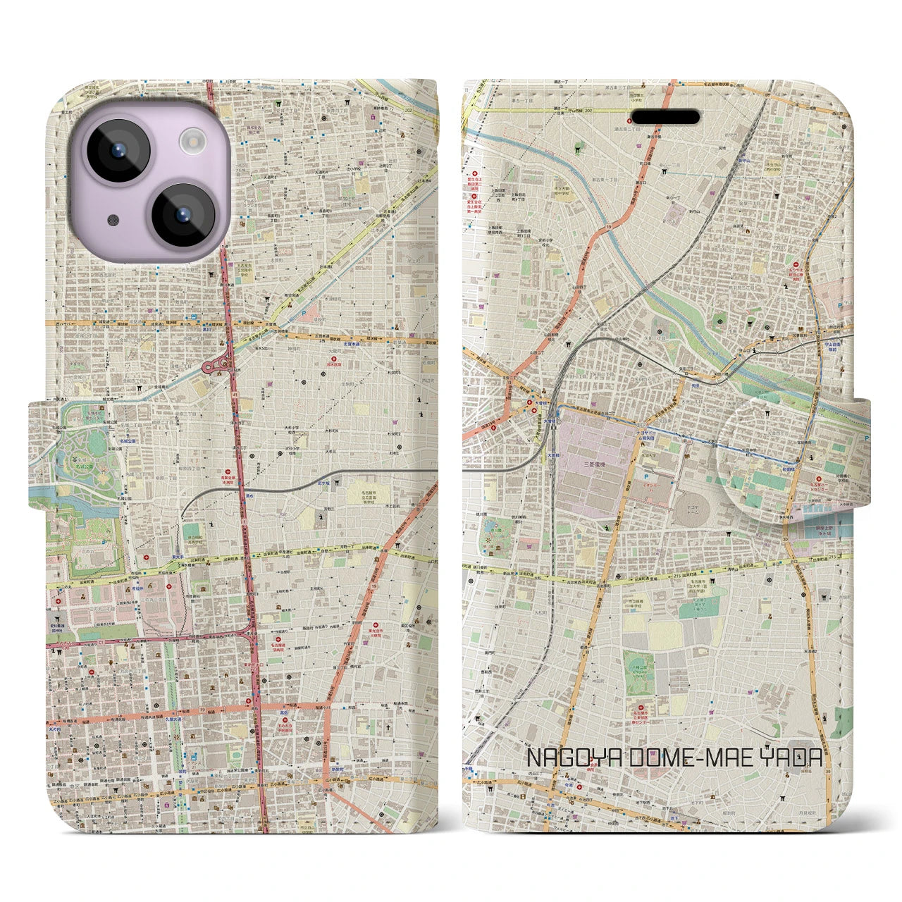 【ナゴヤドーム前矢田(愛知県)】地図柄iPhoneケース(手帳タイプ)ナチュラル・iPhone 14 用