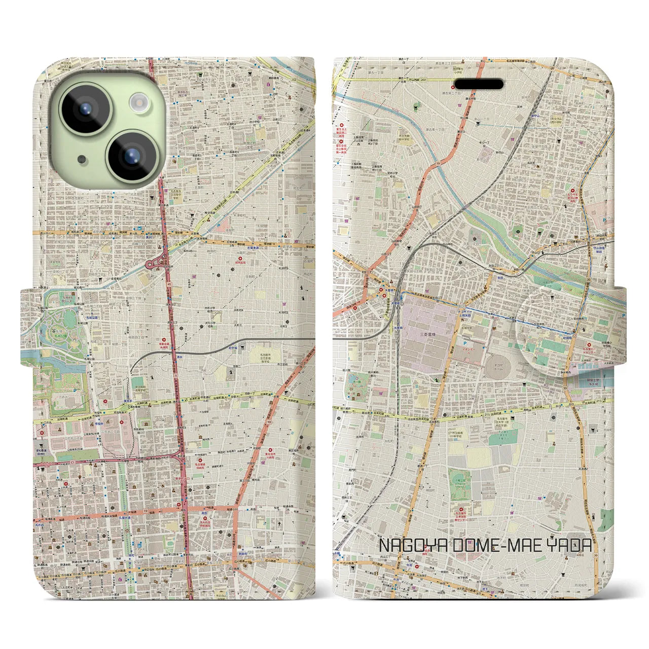 【ナゴヤドーム前矢田(愛知県)】地図柄iPhoneケース(手帳タイプ)ナチュラル・iPhone 15 用