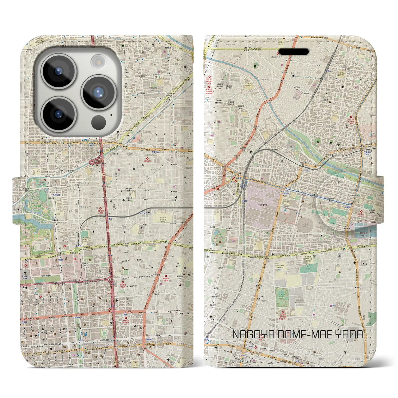 【ナゴヤドーム前矢田(愛知県)】地図柄iPhoneケース(手帳タイプ)ナチュラル・iPhone 15 Pro 用