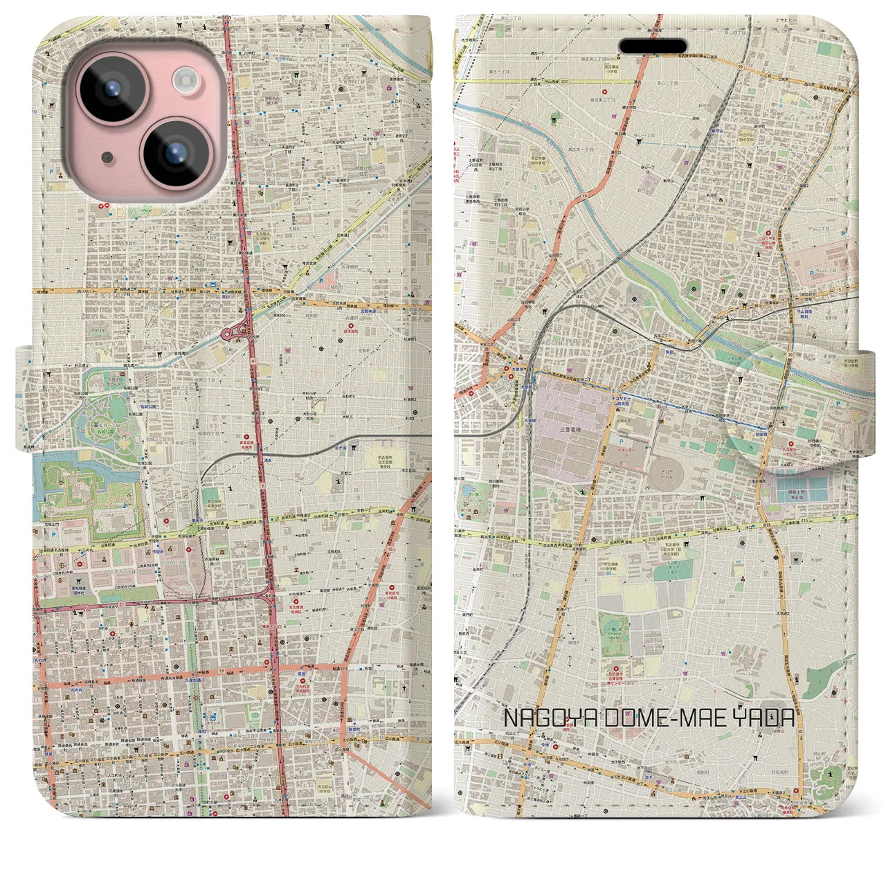 【ナゴヤドーム前矢田(愛知県)】地図柄iPhoneケース(手帳タイプ)ナチュラル・iPhone 15 Plus 用