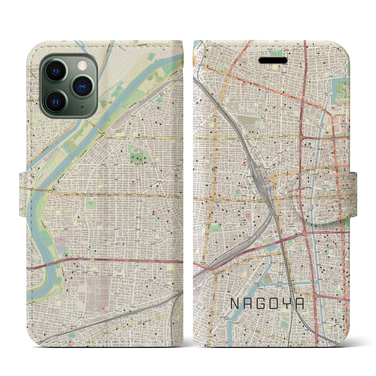【名古屋2(愛知県)】地図柄iPhoneケース(手帳タイプ)ナチュラル・iPhone 11 Pro 用