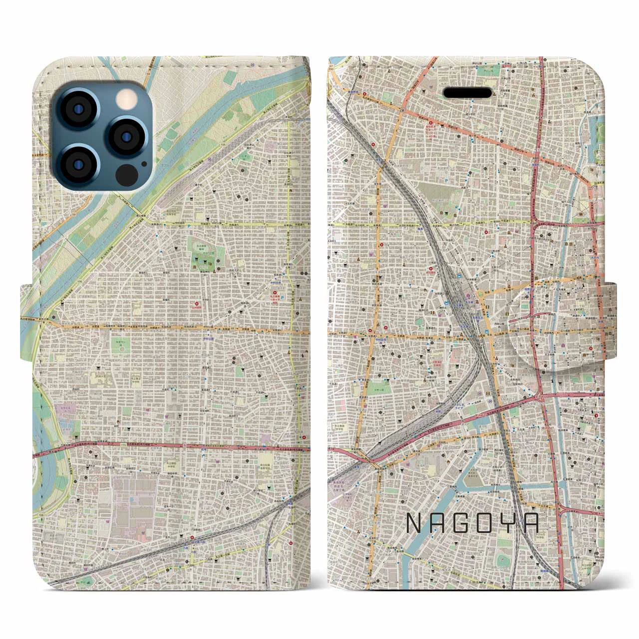 【名古屋2(愛知県)】地図柄iPhoneケース(手帳タイプ)ナチュラル・iPhone 12 / 12 Pro 用