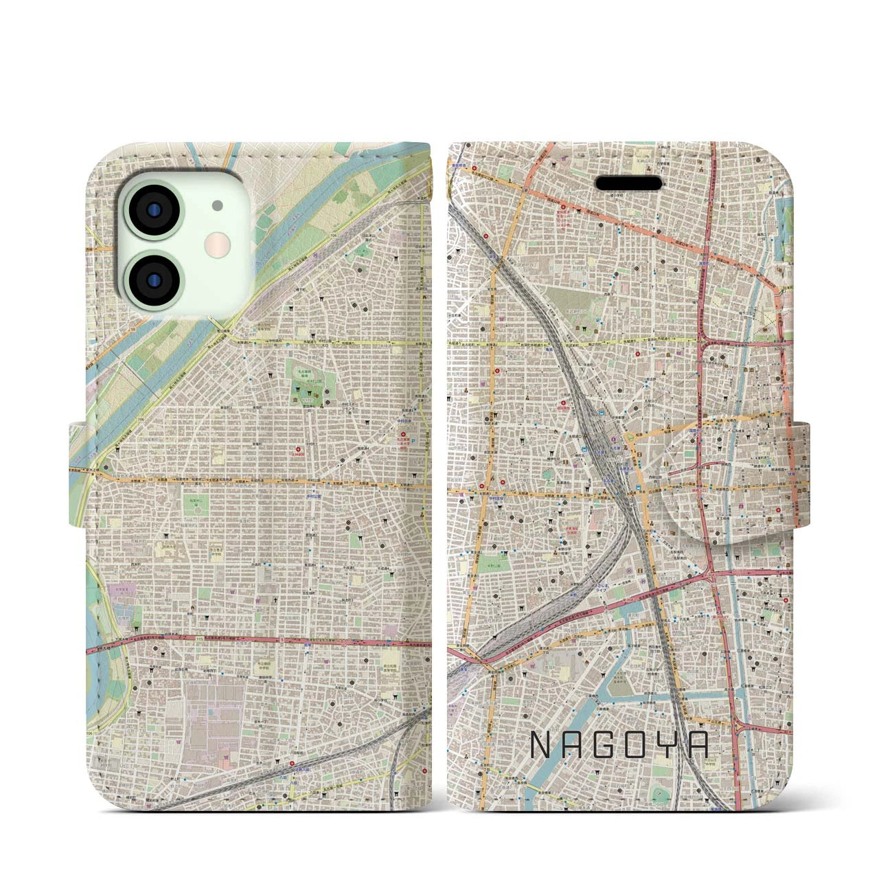 【名古屋2(愛知県)】地図柄iPhoneケース(手帳タイプ)ナチュラル・iPhone 12 mini 用