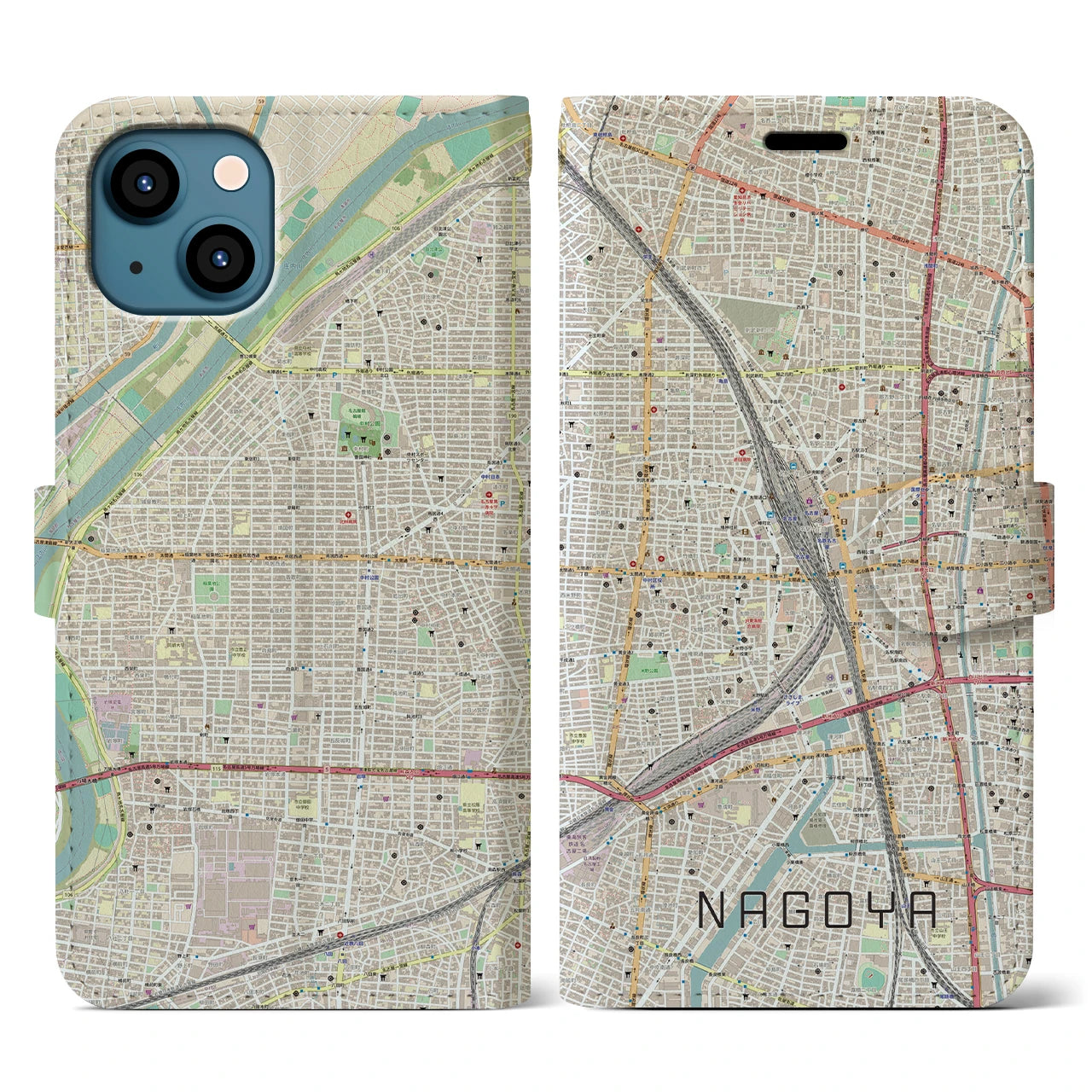 【名古屋2(愛知県)】地図柄iPhoneケース(手帳タイプ)ナチュラル・iPhone 13 用