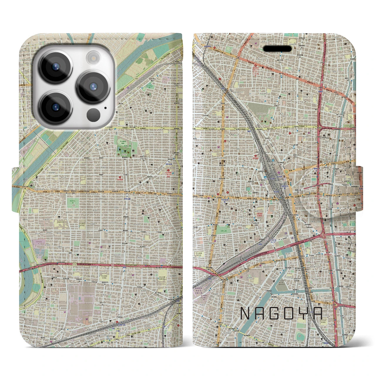 【名古屋2(愛知県)】地図柄iPhoneケース(手帳タイプ)ナチュラル・iPhone 14 Pro 用