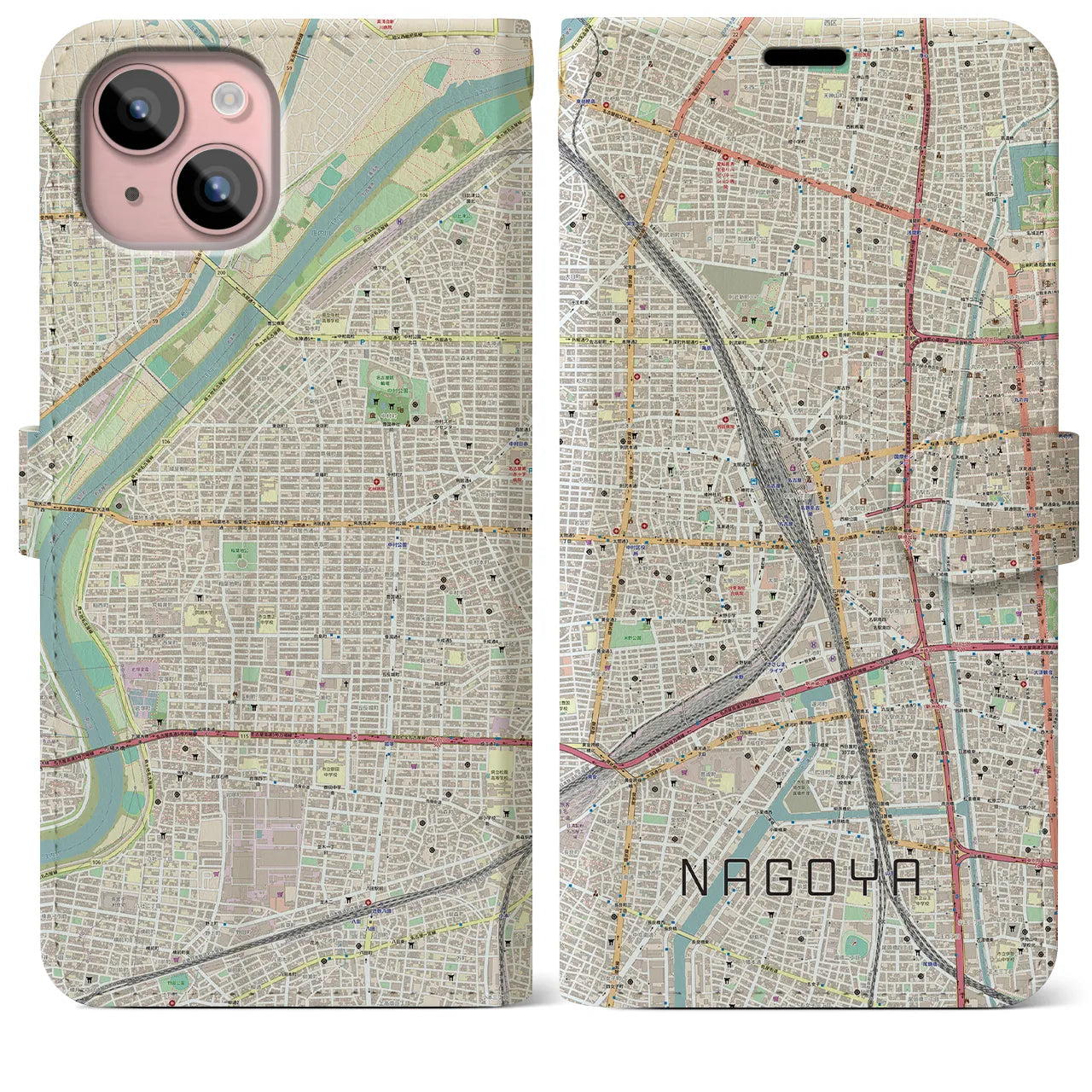 【名古屋2(愛知県)】地図柄iPhoneケース(手帳タイプ)ナチュラル・iPhone 15 Plus 用