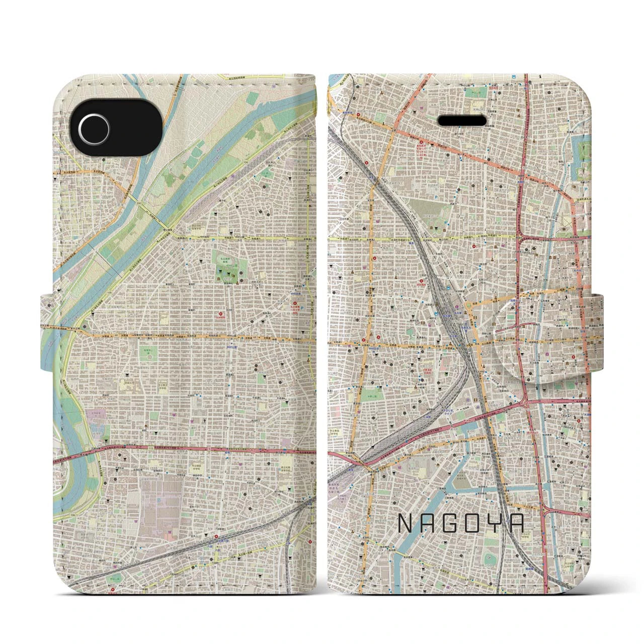 【名古屋2(愛知県)】地図柄iPhoneケース(手帳タイプ)ナチュラル・iPhone SE(第3 / 第2世代) / 8 / 7 / 6s / 6 用