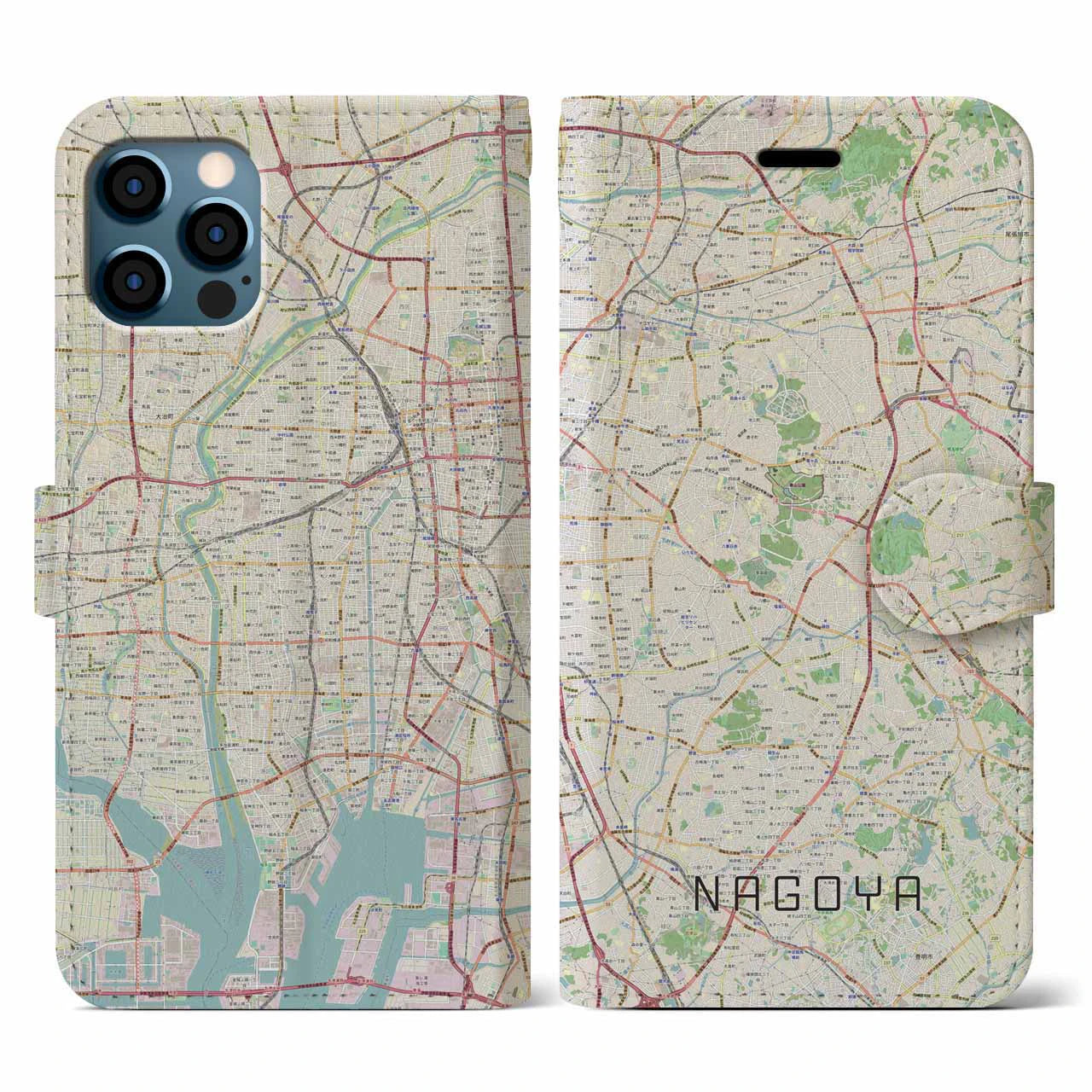【名古屋(愛知県)】地図柄iPhoneケース(手帳タイプ)ナチュラル・iPhone 12 / 12 Pro 用