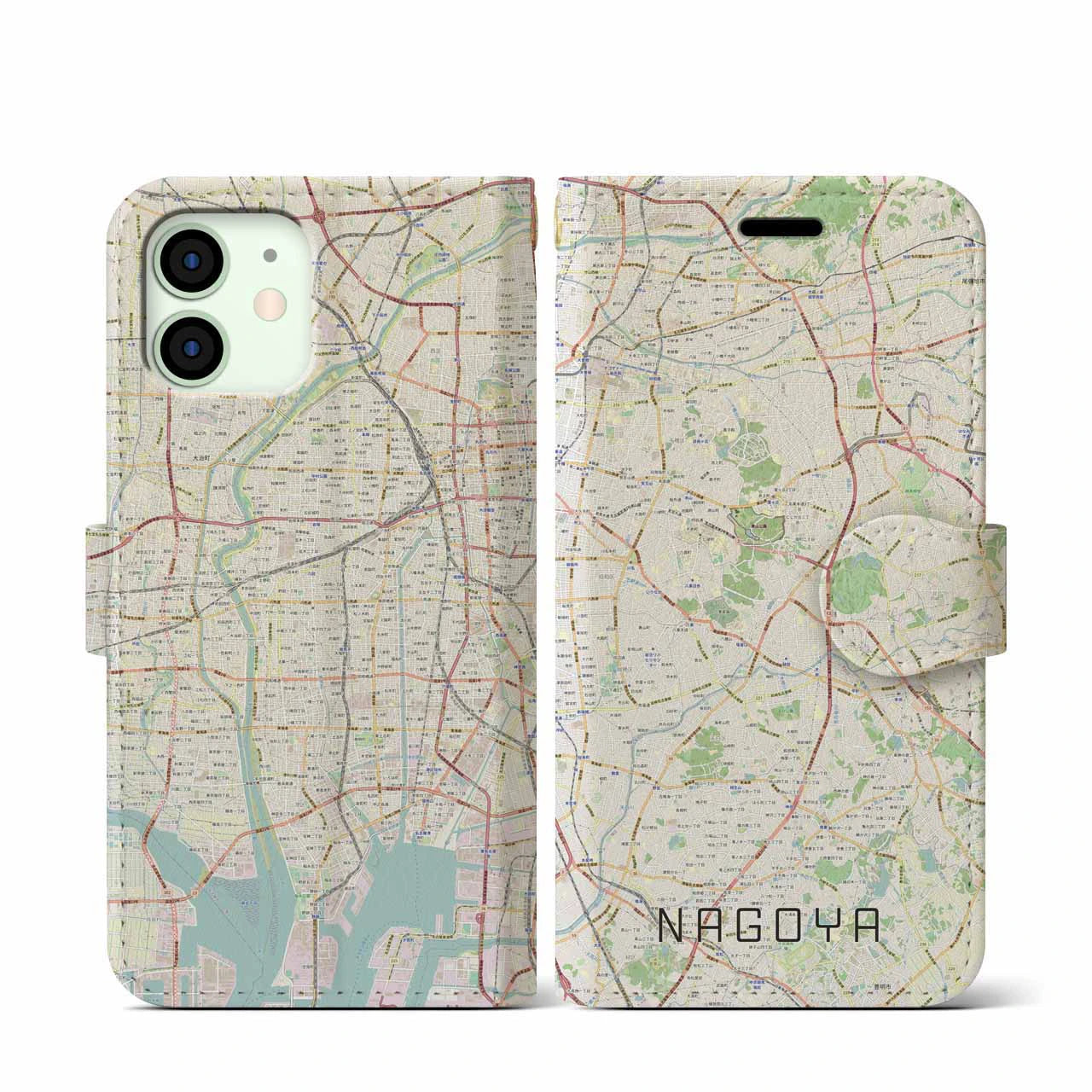 【名古屋(愛知県)】地図柄iPhoneケース(手帳タイプ)ナチュラル・iPhone 12 mini 用