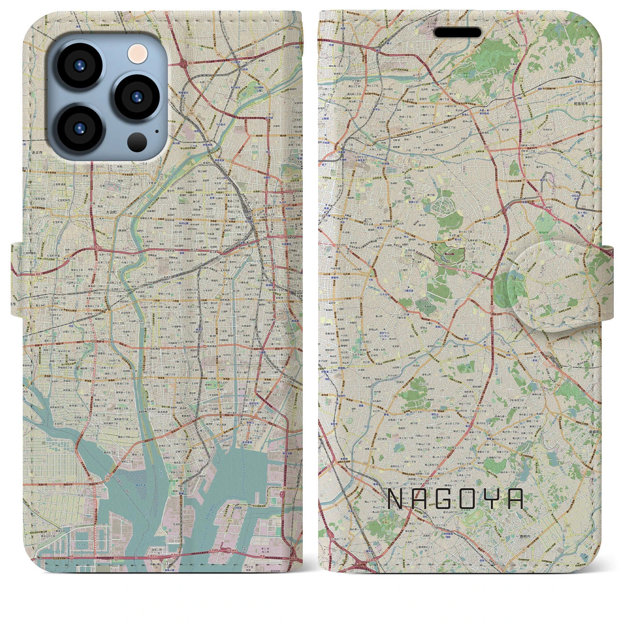 【名古屋(愛知県)】地図柄iPhoneケース(手帳タイプ)ナチュラル・iPhone 13 Pro Max 用