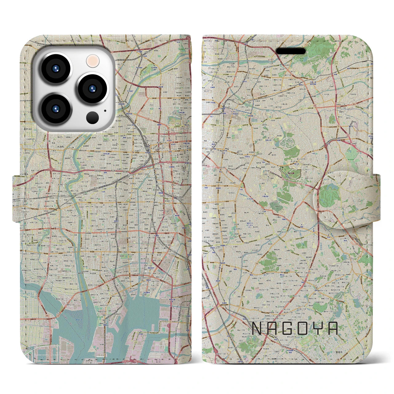 【名古屋(愛知県)】地図柄iPhoneケース(手帳タイプ)ナチュラル・iPhone 13 Pro 用