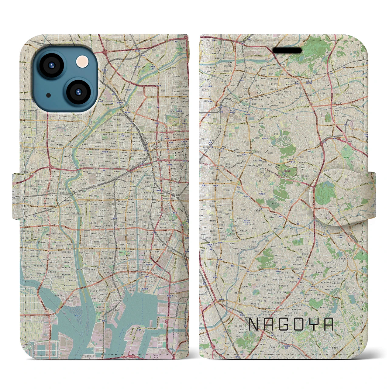 【名古屋(愛知県)】地図柄iPhoneケース(手帳タイプ)ナチュラル・iPhone 13 用