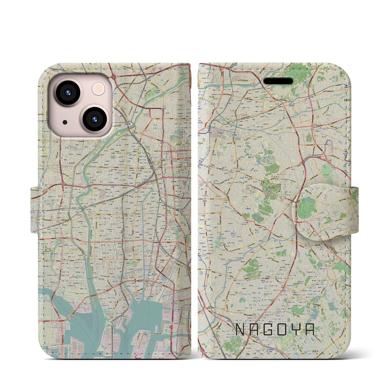 【名古屋(愛知県)】地図柄iPhoneケース(手帳タイプ)ナチュラル・iPhone 13 mini 用