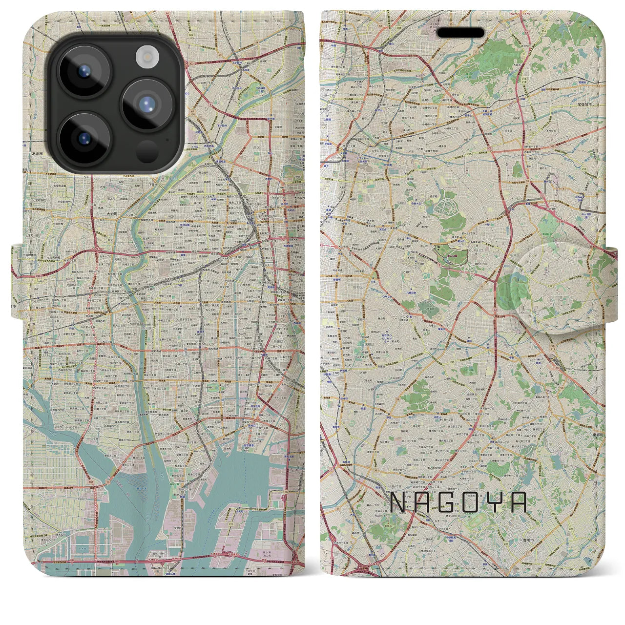【名古屋(愛知県)】地図柄iPhoneケース(手帳タイプ)ナチュラル・iPhone 15 Pro Max 用