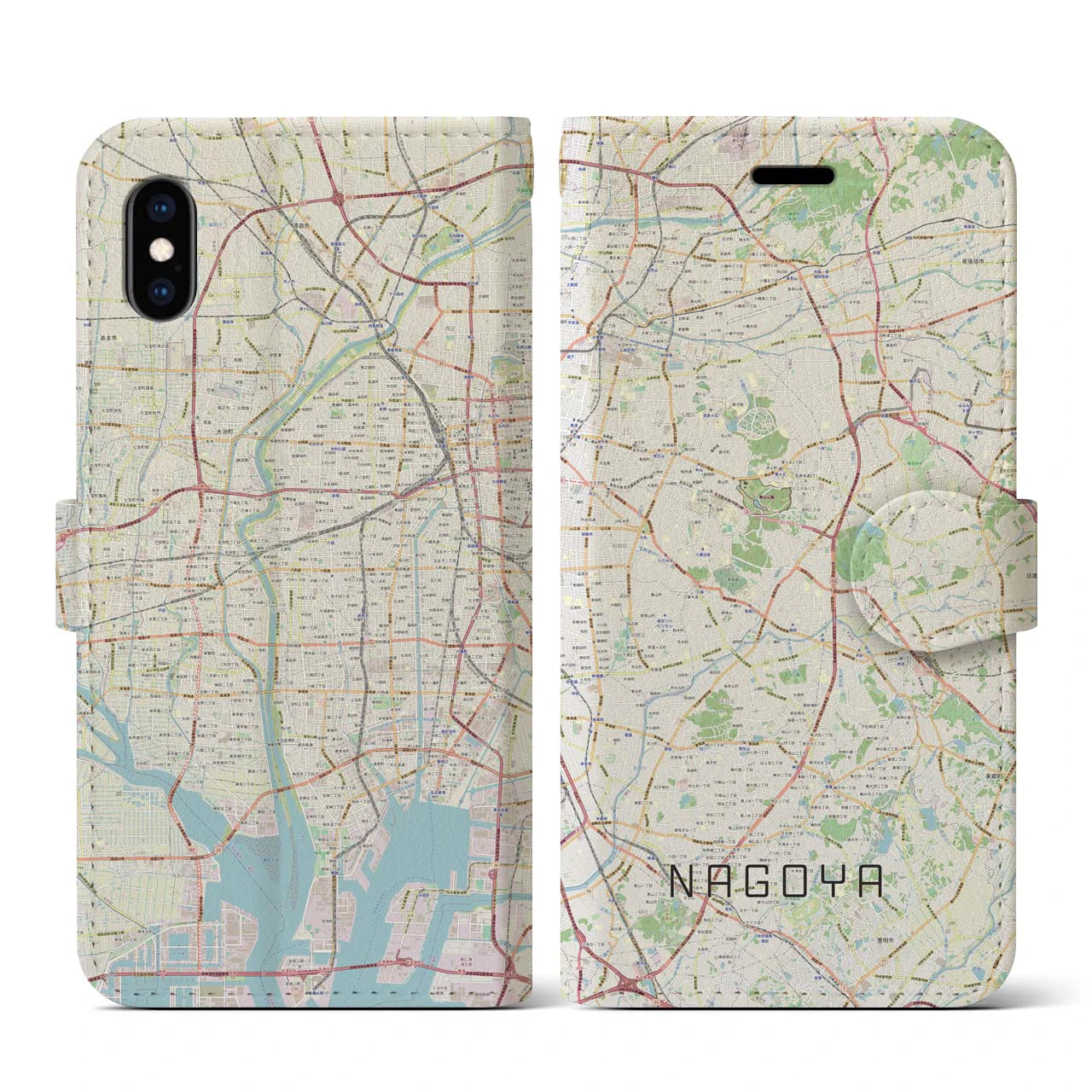 【名古屋(愛知県)】地図柄iPhoneケース(手帳タイプ)ナチュラル・iPhone XS / X 用