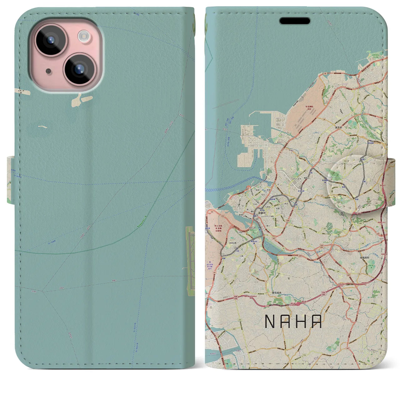 【那覇(沖縄県)】地図柄iPhoneケース(手帳タイプ)ナチュラル・iPhone 15 Plus 用