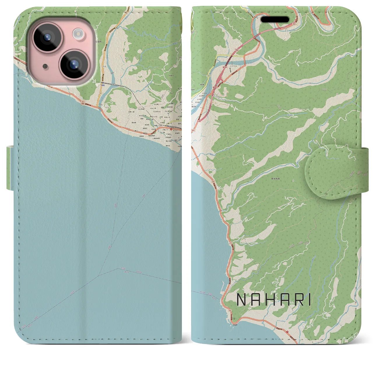 【奈半利(高知県)】地図柄iPhoneケース(手帳タイプ)ナチュラル・iPhone 15 Plus 用