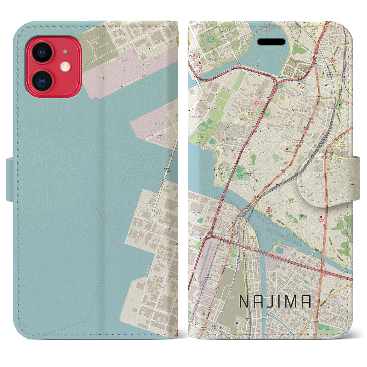 【名島(福岡県)】地図柄iPhoneケース(手帳タイプ)ナチュラル・iPhone 11 用
