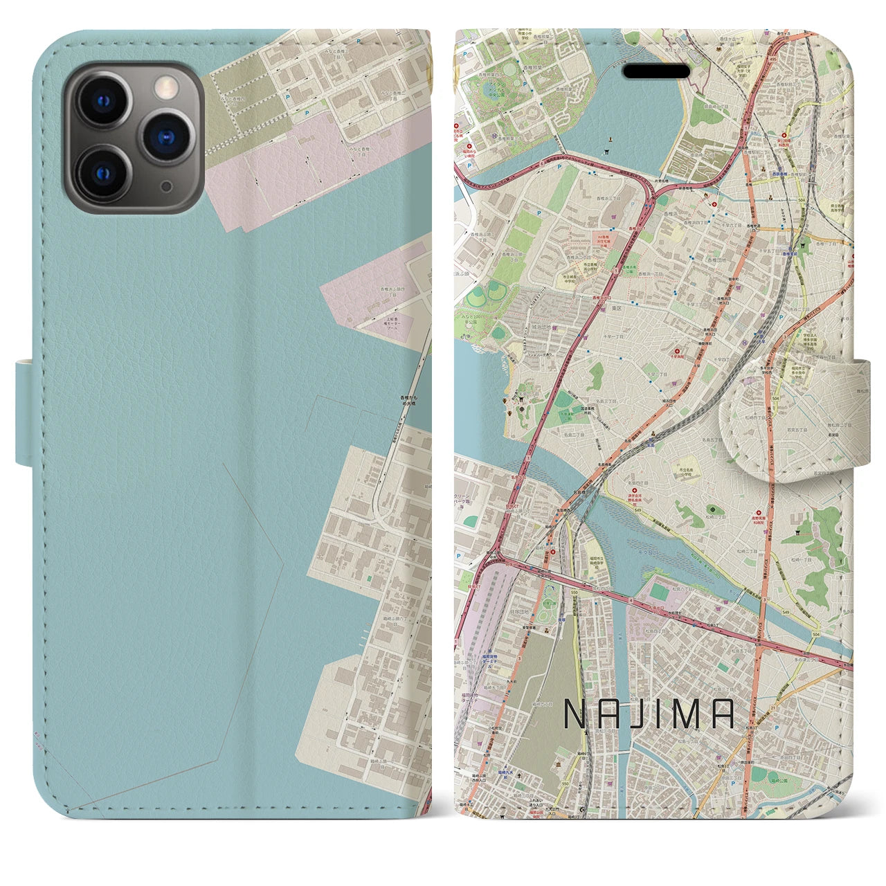 【名島(福岡県)】地図柄iPhoneケース(手帳タイプ)ナチュラル・iPhone 11 Pro Max 用