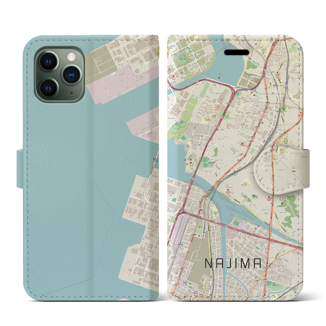 【名島(福岡県)】地図柄iPhoneケース(手帳タイプ)ナチュラル・iPhone 11 Pro 用