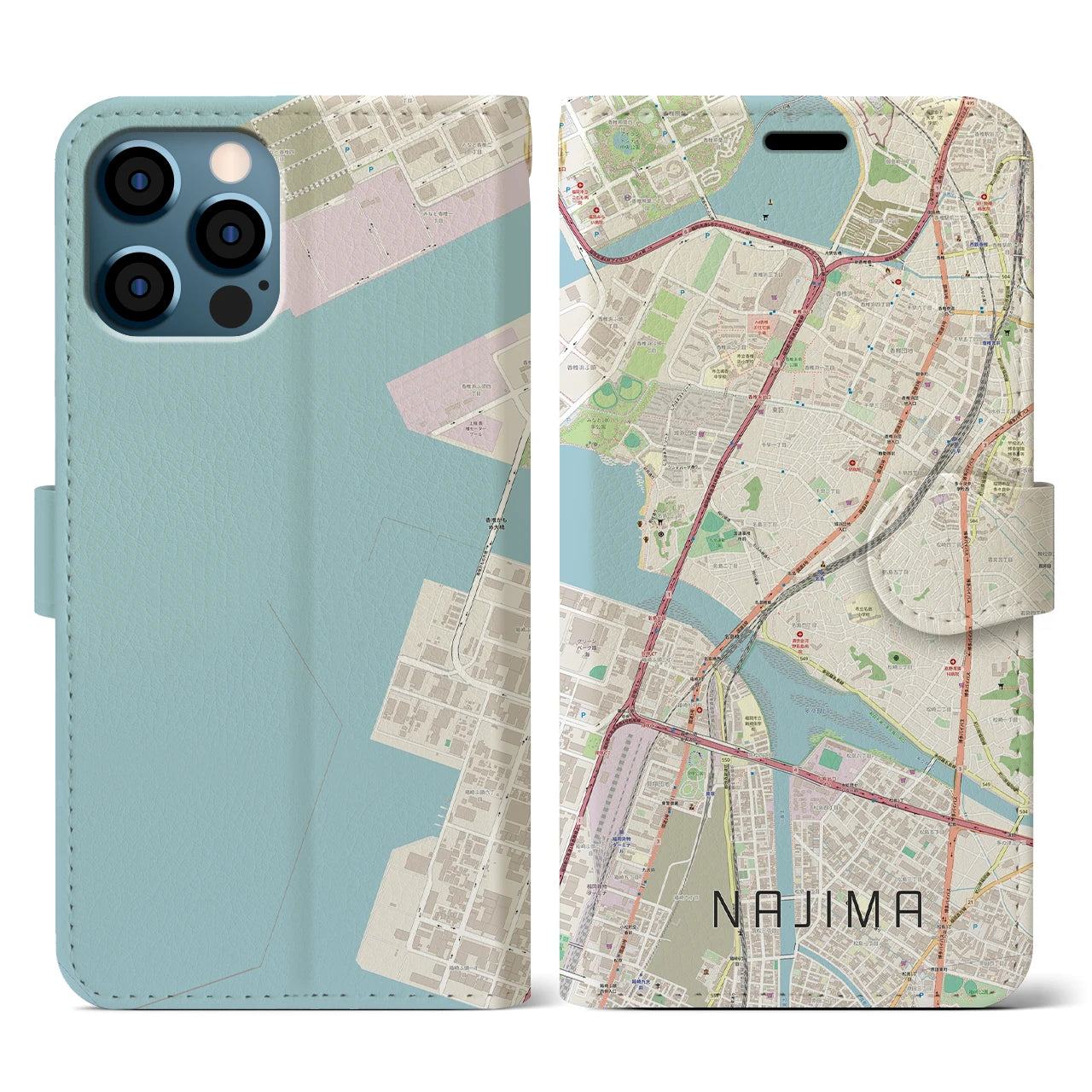 【名島(福岡県)】地図柄iPhoneケース(手帳タイプ)ナチュラル・iPhone 12 / 12 Pro 用