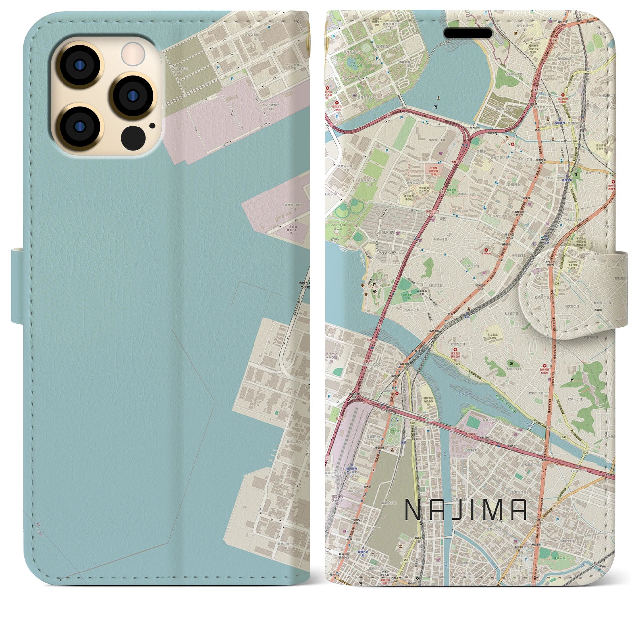 【名島(福岡県)】地図柄iPhoneケース(手帳タイプ)ナチュラル・iPhone 12 Pro Max 用