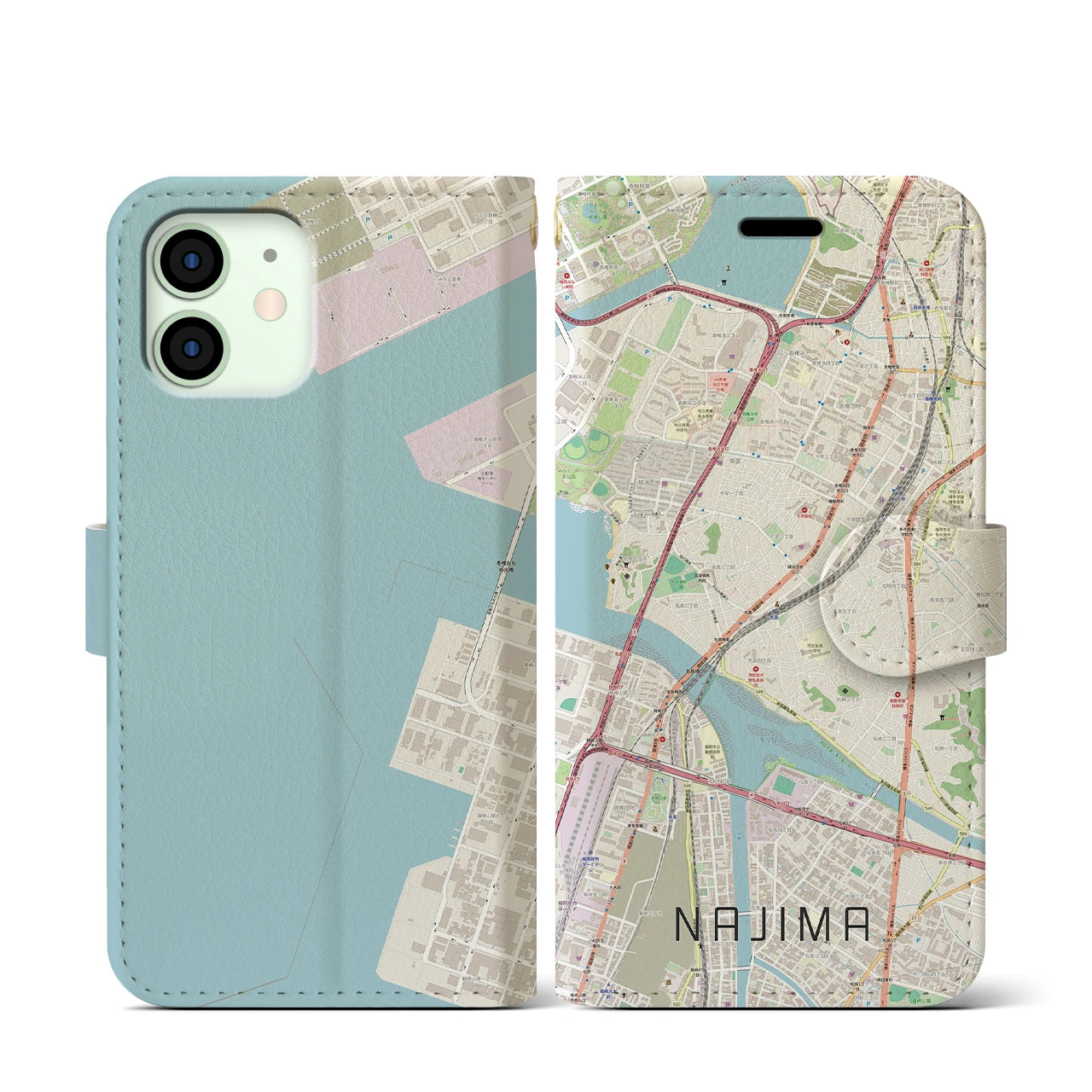 【名島(福岡県)】地図柄iPhoneケース(手帳タイプ)ナチュラル・iPhone 12 mini 用